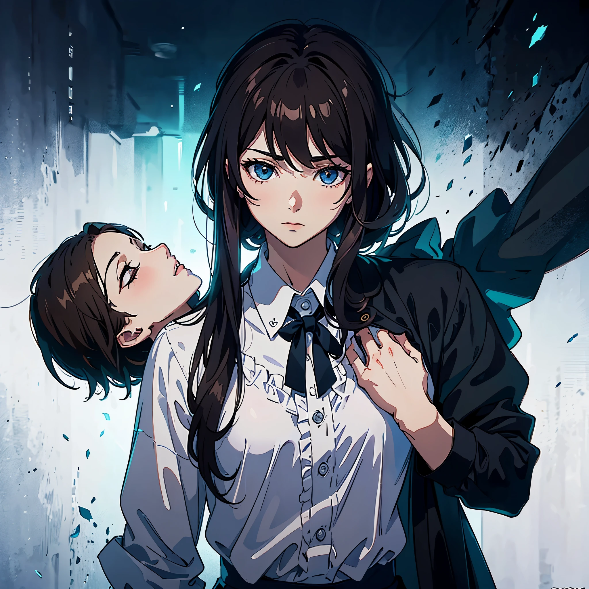 una pareja 1 masculino y 1 femenina. Un hombre alto, de pelo muy corto y negro sin flequillo, y camisa amarilla, about 25 years old, He holds a 25-year-old woman in his arms with medium-long brown hair and a blue blouse., (The background is white 1.5) estilo animado 4 K, Renderizado de anime, estilo animado. 8k, Hermosa cara de anime (Pantalla superior del cuerpo 1.5) (chico guapo 1.3) (Cinematic Light 1.5)