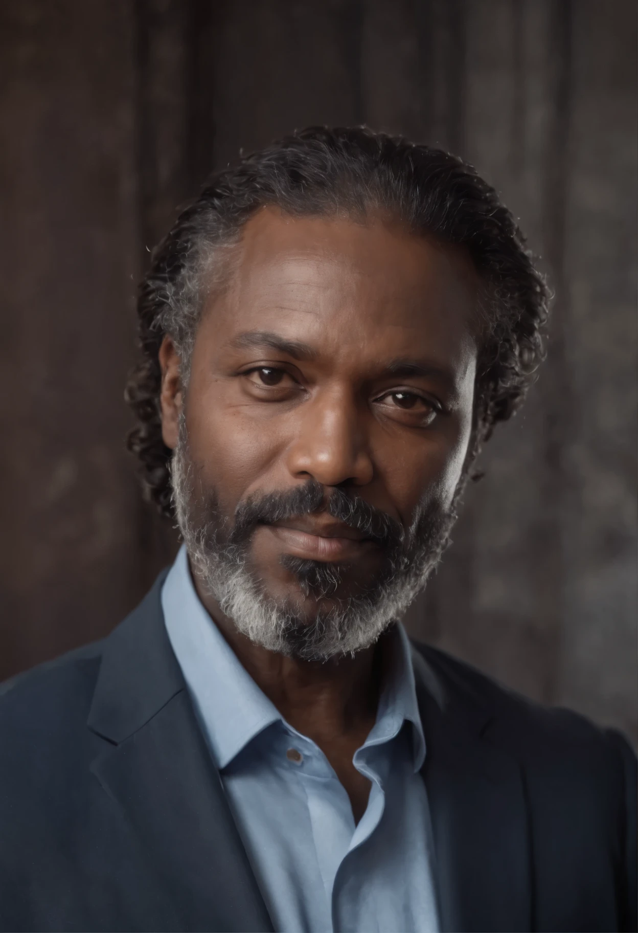 centered chest up portrait of bearded 55 year old heavy big strong big well built dark black skinned AFRICAN BUSINESSMAN IN with long e sized curly hair business-casual attire, MODERN OFFICE BACKGROUND