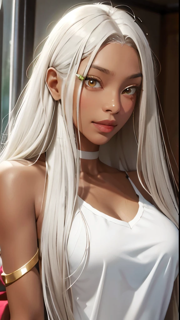 brown skin, long white hair (masterpiece, : 1.2, highest quality), (1 female, alone, Upper body: 1.2) brown skin Clothing: brown skin, busタオルアクセサリー: Hairpin Hair: long gray hair makeup: nature, glowing skin, brown skin Behavior: Relaxed, easy going, a place of smiles: bus, long white hair, very big breasts, Brown-yellow eyes, brown skin