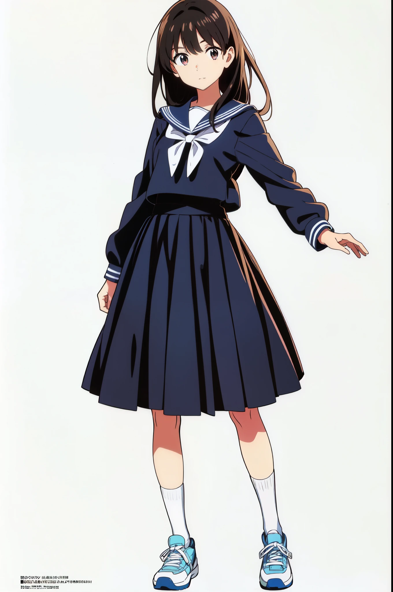 (white background:1.0), (anime:1.0), (official art:1.0), (best quality:1.0), (masterpiece:1.0), (full body:1.0), (solo:1.0), (a 15yo cute girl:1.0), (long skirt:1.0), (dark blue skirt:1.0), (pleated skirt:1.0), (long sleeve dark blue sailor uniform:1.0), (sneakers:1.0), (white socks:1.0), (ideal ratio body proportions:1.0), (lanky:1.0), (tall:1.0), (slender:1.0), (small breasts:1.0), (smaller face:1.0), (tareme:1.0), (detailed beautiful eyes:1.0), (detailed beautiful face:1.0), (glowing black eyes:1.0), (long hair:1.0), (black hair:1.0), (standing:1.0), (looking at viewer:1.0)