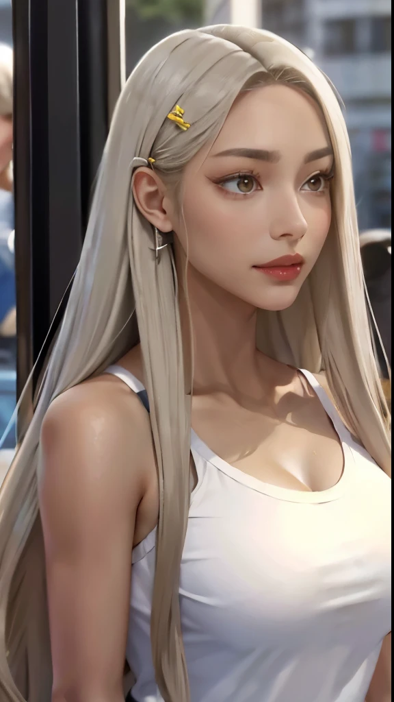 brown skin, long white hair (masterpiece, : 1.2, highest quality), (1 female, alone, Upper body: 1.2) brown skin Clothing: brown skin, busタオルアクセサリー: Hairpin Hair: long gray hair makeup: nature, glowing skin, brown skin Behavior: Relaxed, easy going, a place of smiles: bus, long white hair, very big breasts, Brown-yellow eyes, brown skin