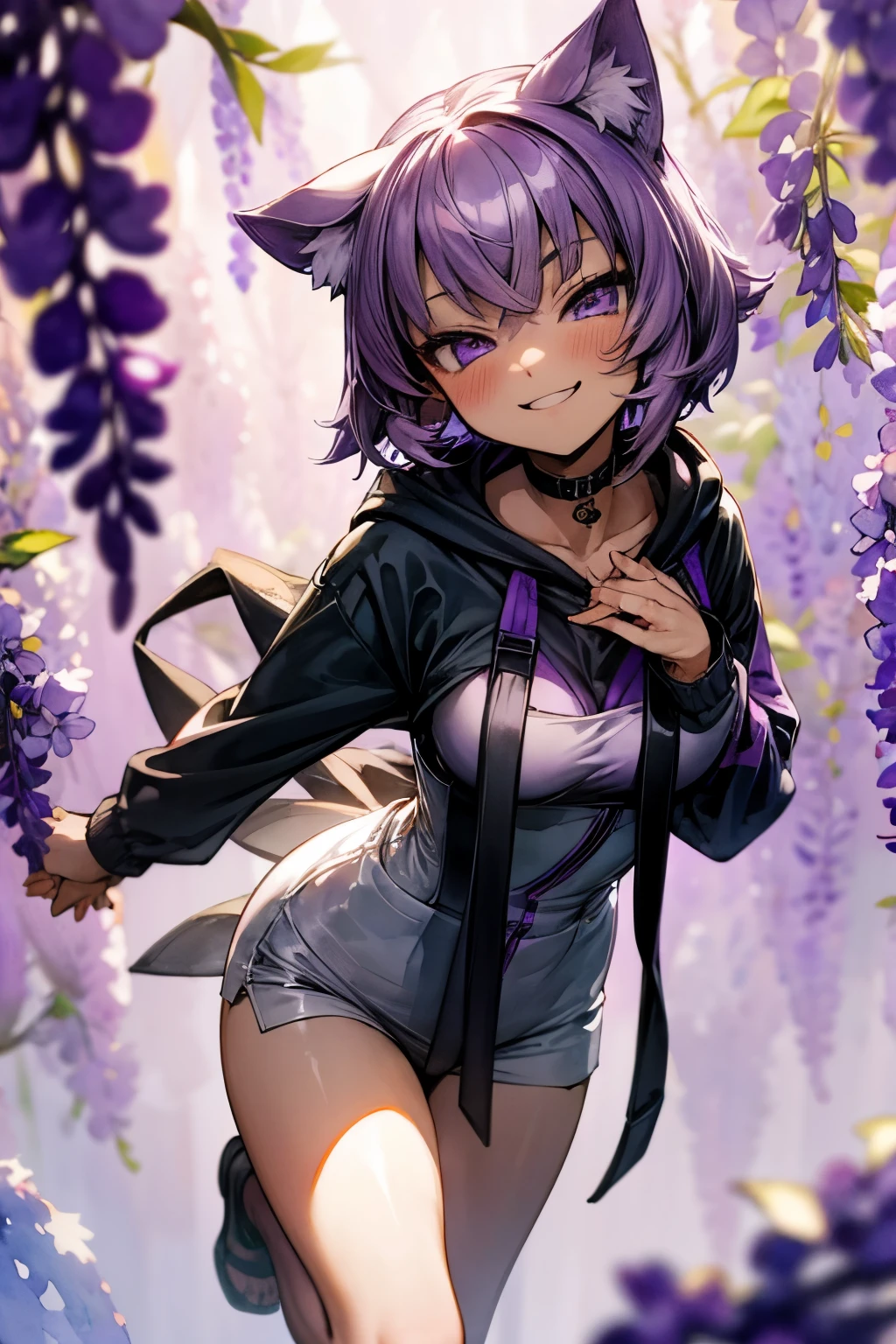 ((Nekomata okayu)),((Masterpiece)), ((best quality)), (super detailed), (Professional Photography), (Photorealsitic:1.3), cute teenage , ((breast)), (pale skin), (Black hoodie), (walking), (interlocked fingers), pale thighs, (phantom), healthy whole body, ((Smug and grinning face)), pale purple hair, 1girl, solo, ((beautiful eyes)), beautiful detailed eyes, detailed face, perfect anatomy, (in purple wisteria flowers),(Watercolor Background:1.3),