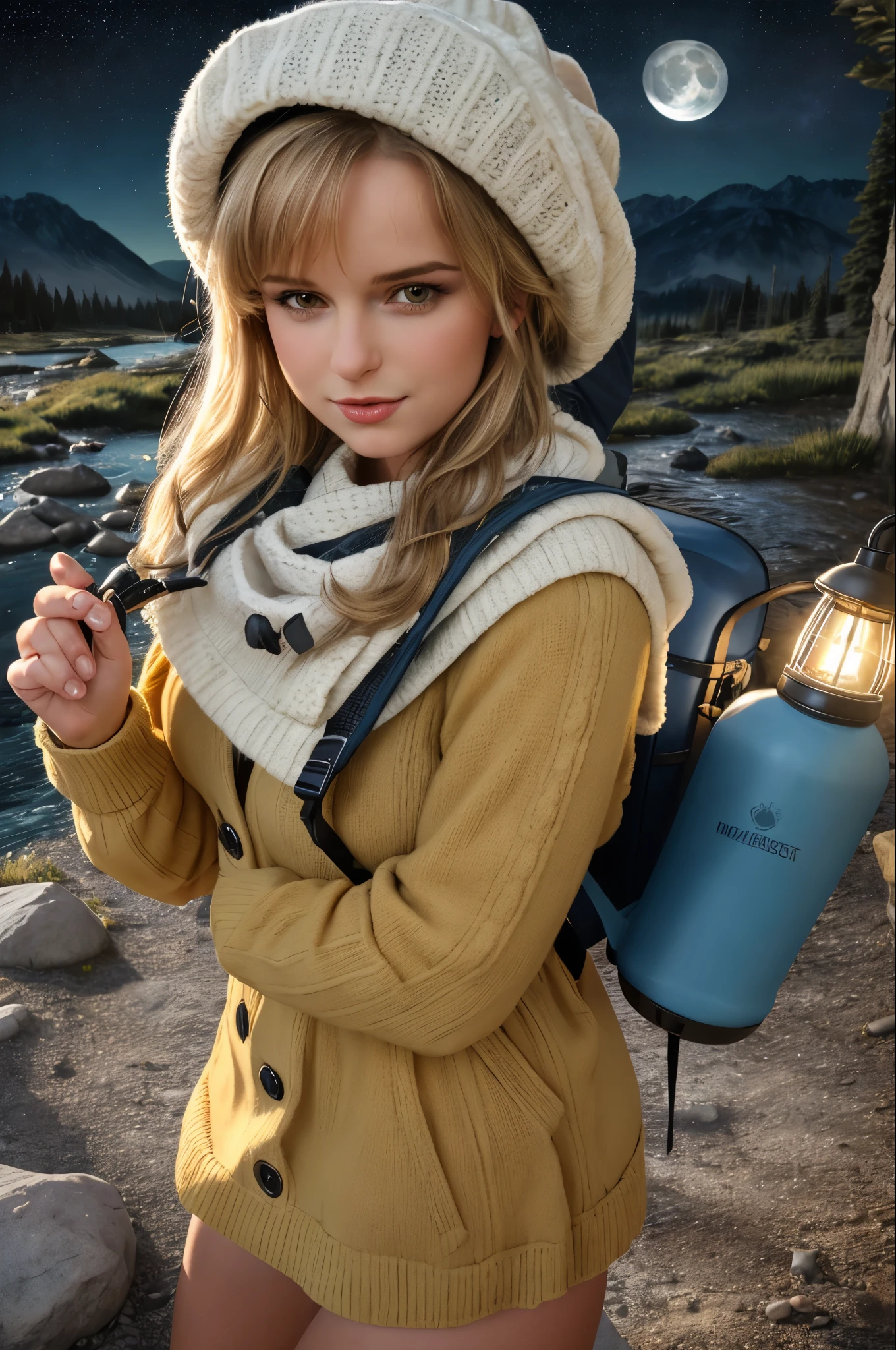 1 girl ((upper body selfie, happy)), masterpiece, best quality, ultra-detailed, solo, outdoor, (night), mountains, nature, (stars, moon) cheerful, happy, backpack, sleeping bag, camping stove, water bottle, mountain boots, gloves, sweater, hat, lantern, forest, stones, river, wood, smoke, shadows, contrast, clear sky, style, (warm hue, warm tone), perfect face, realistic detailed face, renatadaninsky