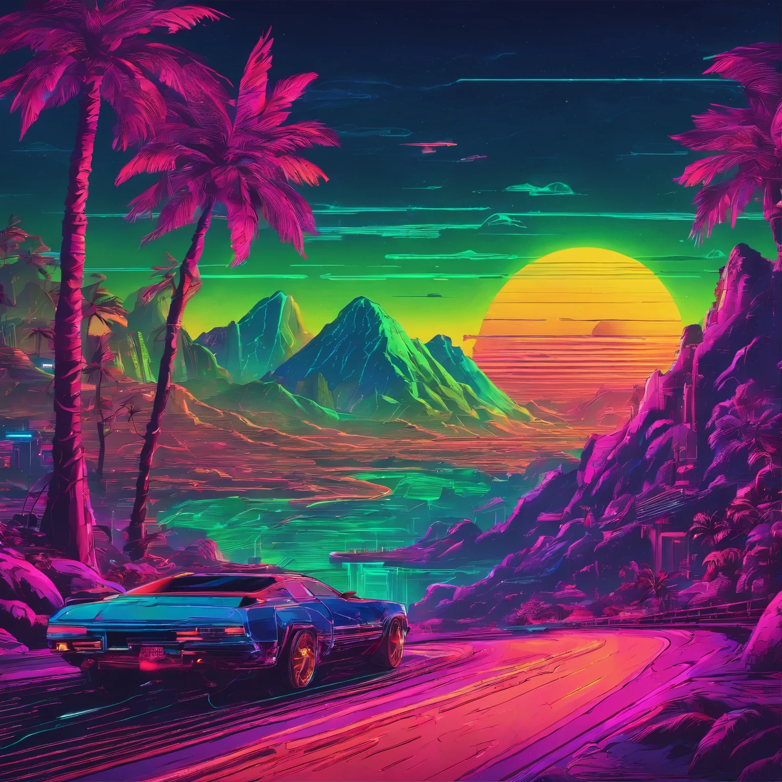 retro wave, road, jungle, darkblue and green neon lights, sun, mountain, night sky, futuristic, (masterpiece, ultra detailed, high resolution)