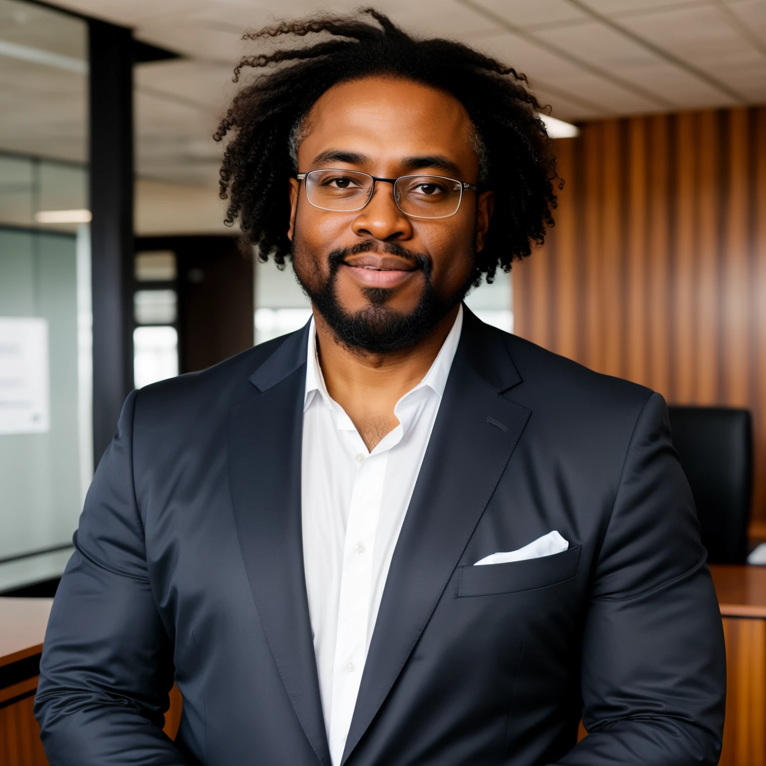 centered chest up portrait of bearded 55 year old big strong well built african BUSINESSMAN IN with long e sized curly hair business-casual attire, MODERN OFFICE BACKGROUND, no hands