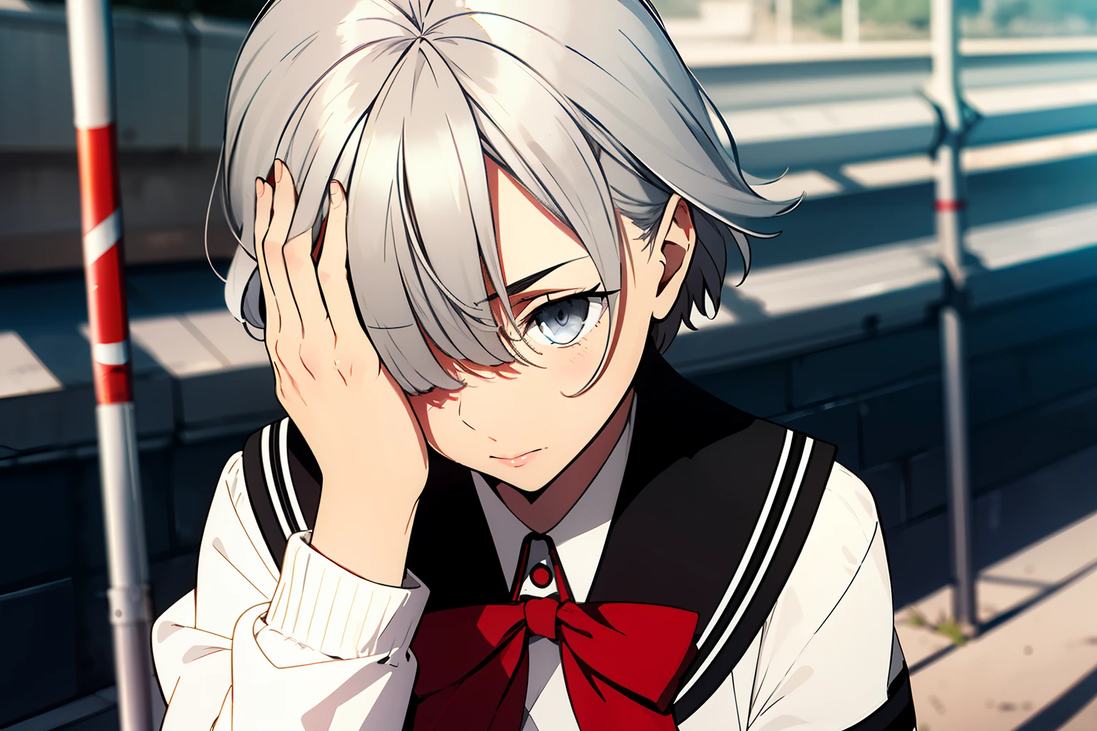 1 girl, ((tímida)), gray eyes, short silver hair covering her eyes, black school uniform, red bow, super detailed, no caminho da escola