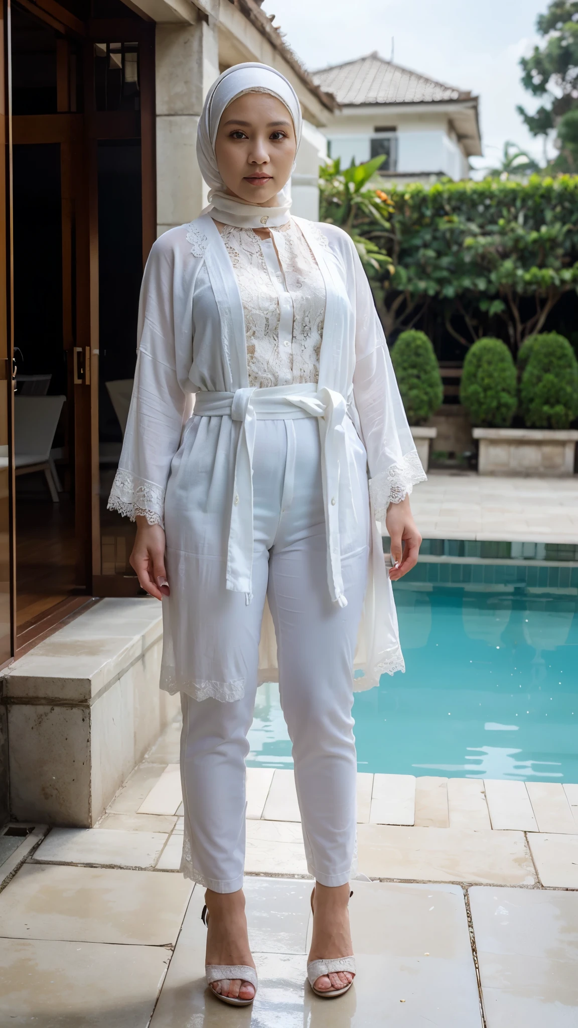 ((best quality、8k )), Middle-aged woman, high quality, Indonesian woman, , ((40 years old)), Plump body, hijab, wearing pearl white lace robe, tight white trousers, heels, villa swimming pool in morning