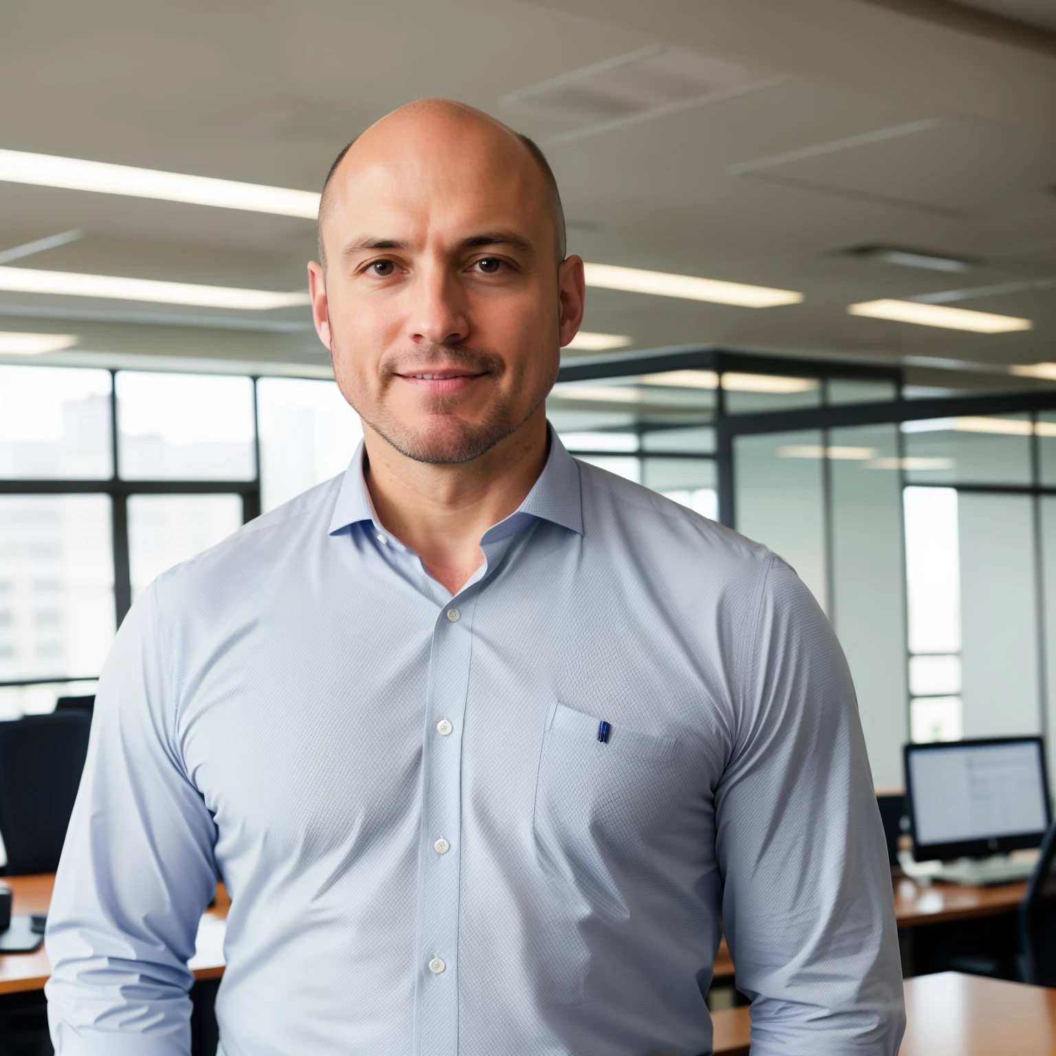 centered chest up portrait of 55 year old strong well built bald white BUSINESSMAN IN with business-casual attire, MODERN OFFICE BACKGROUND, no hands