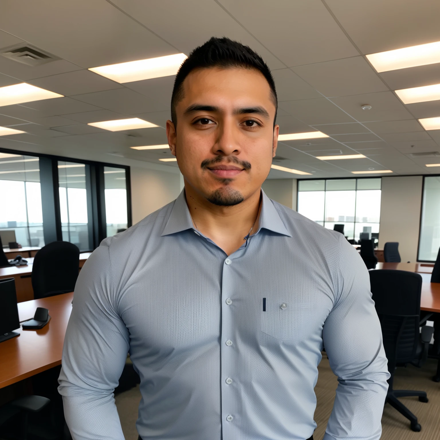 centered chest up portrait of 5 year old strong well built mexican  BUSINESSMAN IN with business-casual attire, MODERN OFFICE BACKGROUND,