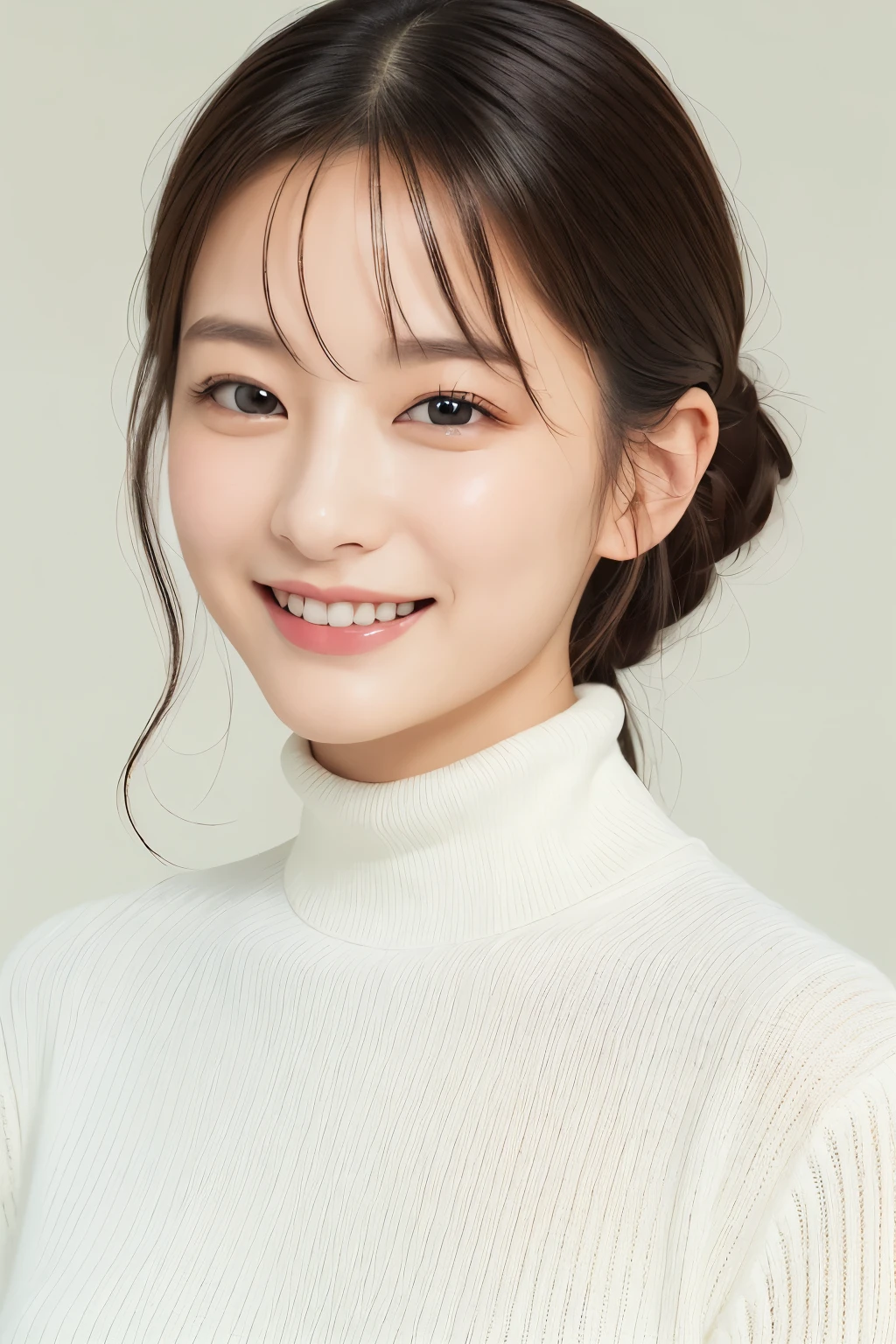 (masterpiece, highest quality, looking at the viewer:1.4), close, RAW photo, disorganized, 8K, 85mm, Sophisticated, white turtleneck sweater, (smile:0.2)