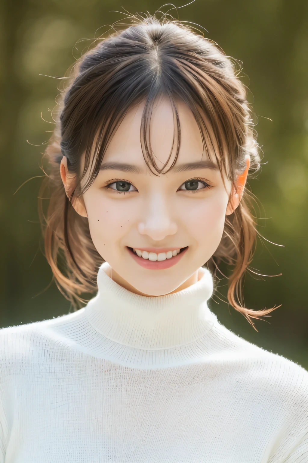 (masterpiece, highest quality, looking at the viewer:1.4), close, RAW photo, disorganized, 8K, 85mm, Sophisticated, white turtleneck sweater, (smile:0.2)