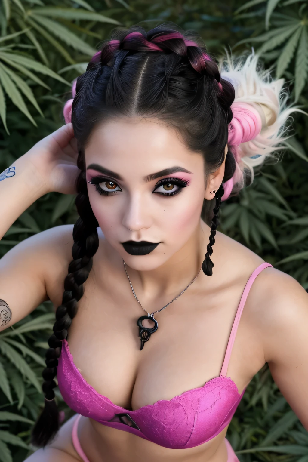 submissive and orgasmic, symbiotic black eyes, (pink dream world aesthetic), (astral realm aesthetic 3d background), (dream color contrast), ((exposed viejas hipercadenas)), (Snowpunk), (gothic snowboarder babe), ((cannabispunk)), ((THC aesthetics)), cannagótico, ((gothic aesthetic)), (mujer hiperhermosa), belleza exagerada, Punto de vista desde arriba, mirando al espectador, (aesthetically designed cybernetic human woman), ((POV from above of a lonely 21 year old woman)), viejas hipercadenas, glowing bionic eyes, bionic third eye on the forehead, psychic, astral projection, maquina espiritual, peinados emos, Magic forest landscape, cronomante(una mujer), un mago manipulador del tiempo, Diosa de las galaxias, Vista de tres lados, High Definition, Obra maestra, anatomically correct, piel texturizada, super detail, alta calidad, high resolution, 16k, Black hair with cyber braids..!!, long eyelashes