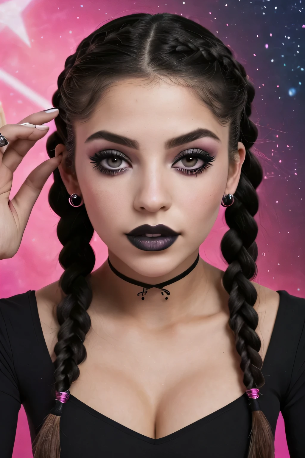 submissive and orgasmic, symbiotic black eyes, (pink dream world aesthetic), (astral realm aesthetic 3d background), (dream color contrast), ((exposed viejas hipercadenas)), (Snowpunk), (gothic snowboarder babe), ((cannabispunk)), ((THC aesthetics)), cannagótico, ((gothic aesthetic)), (mujer hiperhermosa), belleza exagerada, Punto de vista desde arriba, mirando al espectador, (aesthetically designed cybernetic human woman), ((POV from above of a lonely 21 year old woman)), viejas hipercadenas, glowing bionic eyes, bionic third eye on the forehead, psychic, astral projection, maquina espiritual, peinados emos, Magic forest landscape, cronomante(una mujer), un mago manipulador del tiempo, Diosa de las galaxias, Vista de tres lados, High Definition, Obra maestra, anatomically correct, piel texturizada, super detail, alta calidad, high resolution, 16k, Black hair with cyber braids..!!, long eyelashes