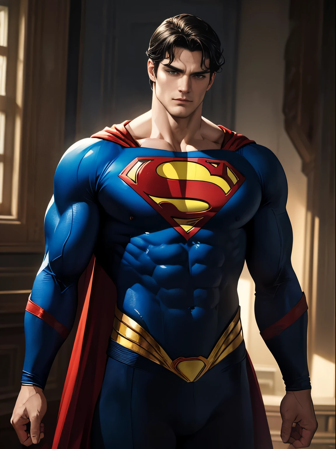 Henry Cavill as Superman ((Best Quality, 8K, ultra-detailed, Masterpiece: 1.3)), 1boy, shiny skin, sharp, Perfect Body Beauty, realistic shaded perfect body, The image is primarily composed of white, black, and royal blue colors. The artwork is created with abstract shapes and lines, resembling brush strokes. It has a poster art feel to it. The main focus of the scene is superman muscular body. The lighting and shadows play a crucial role in enhancing the mood of the artwork. The style of the image is influenced by the works of Malcolm Liepke, known for his dynamic and expressive paintings. Depict the model partially concealed by a sheer fabric or drapery, leaving much to the viewer's imagination. Use subtle details to hint at hidden desires. symbolic elements that convey a deeper meaning or narrative