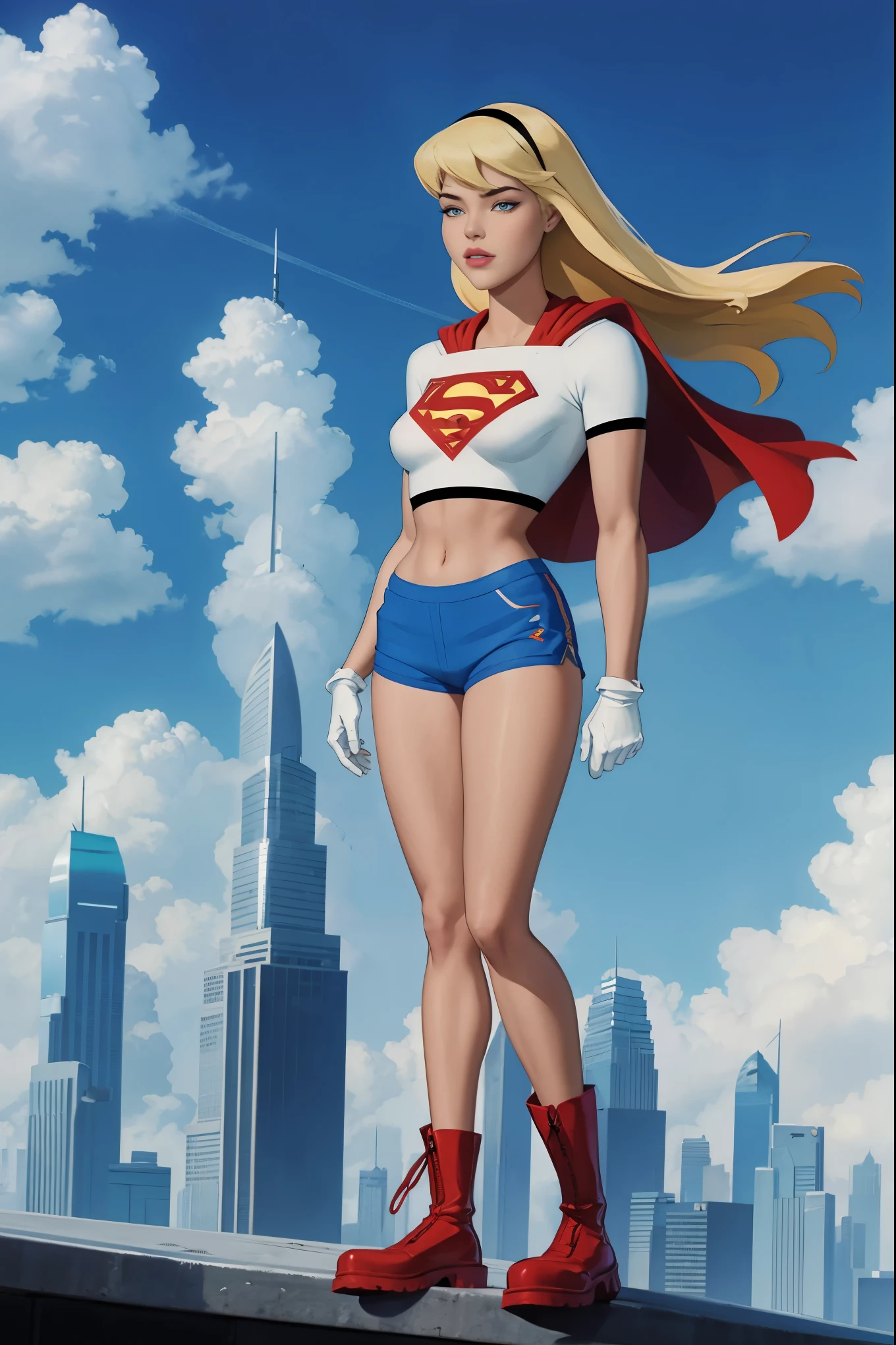 Supergirl,1girl,long blonde hair,hair band,white crop top,dolphin shorts, whitegloves,boots, standing atop a skyscraper in the clouds