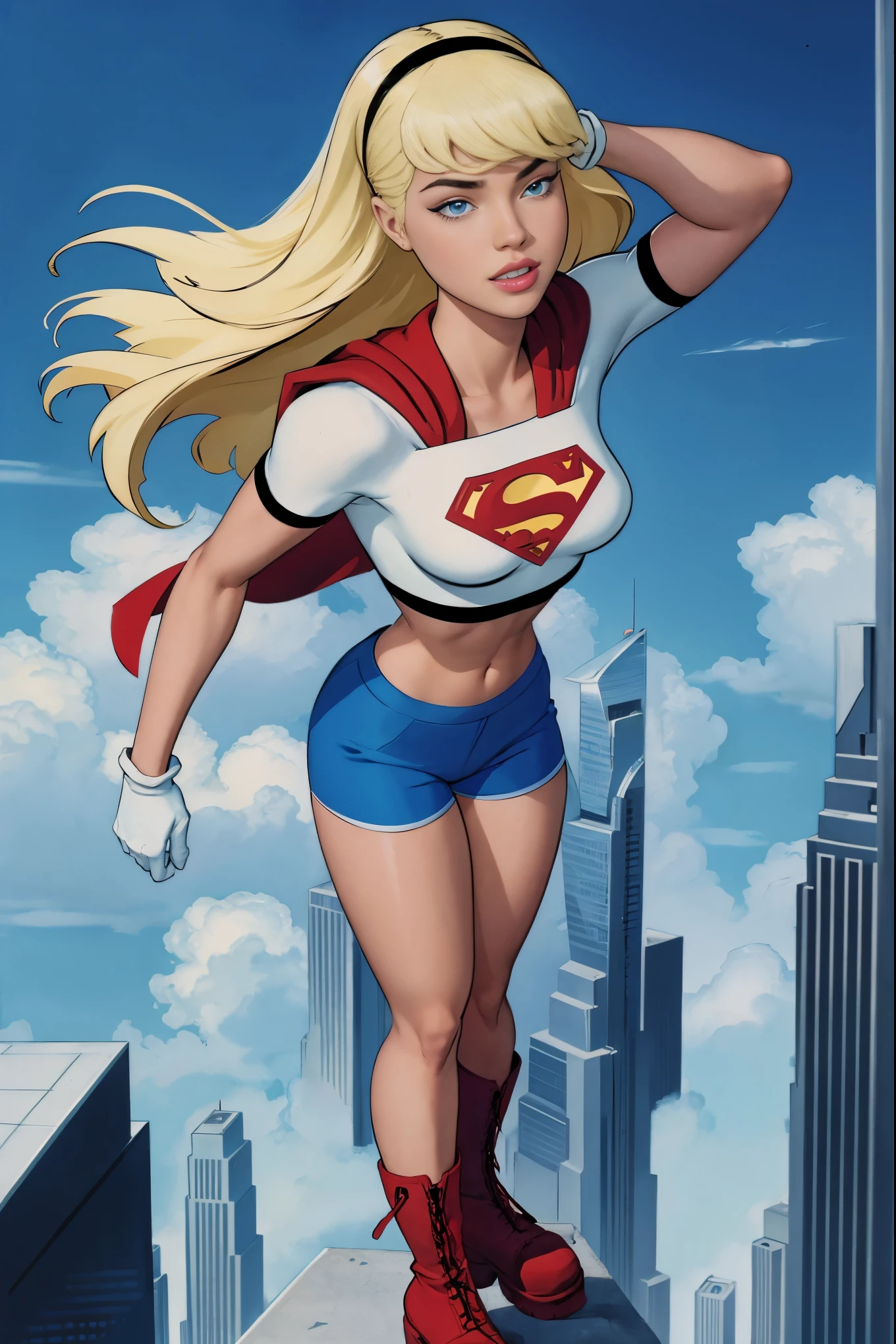 Supergirl,1girl,long blonde hair,hair band,white crop top,dolphin shorts, whitegloves,boots, standing atop a skyscraper in the clouds