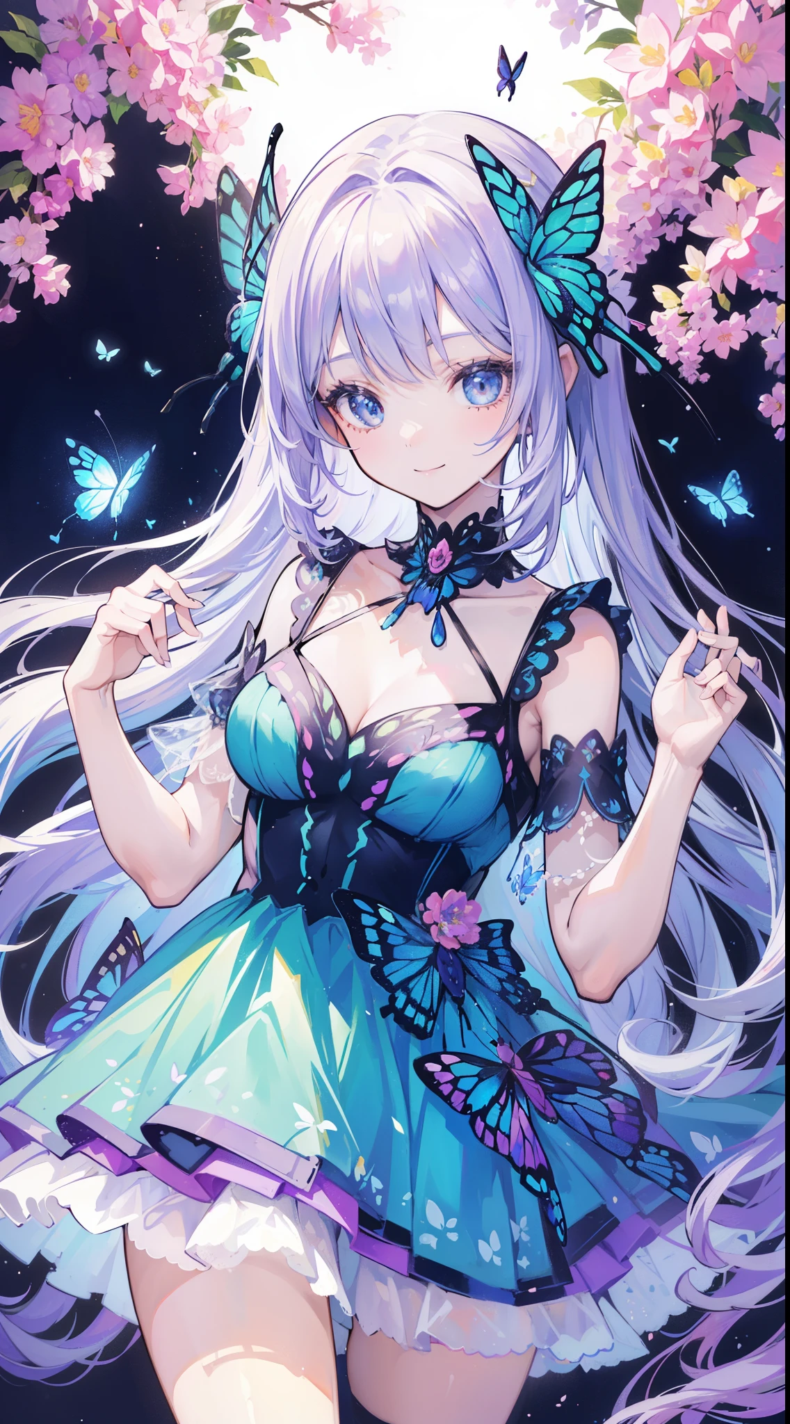 (32k), (beautiful cute girl), (butterfly ornament), (butterfly dress), ((many butterflies)), (((background of many flowers
))), (((bright background))), (beautiful world), (cute world), smile,