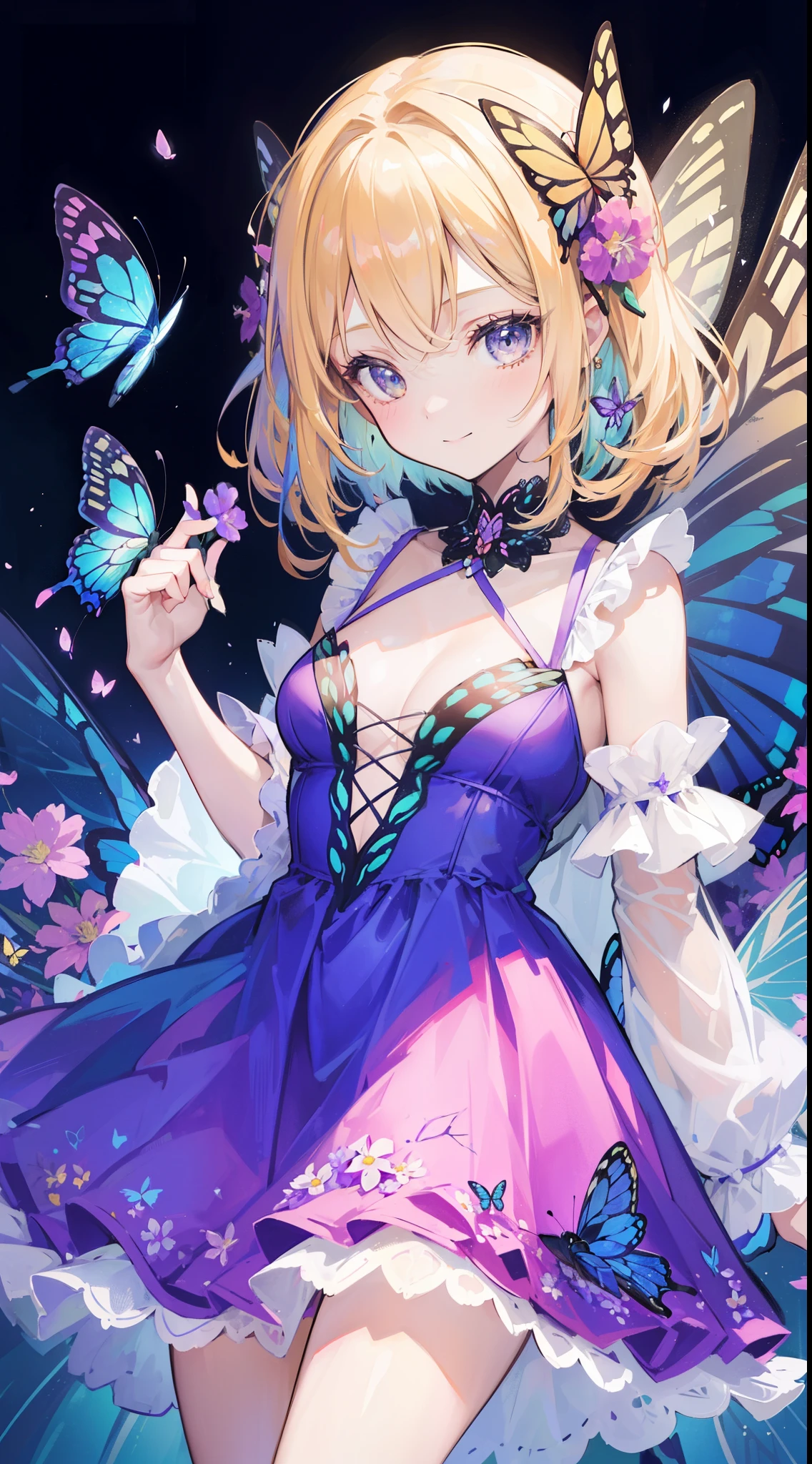 (32k), (beautiful cute girl), (butterfly ornament), (butterfly dress), ((many butterflies)), (((background of many flowers
))), (((bright background))), (beautiful world), (cute world), smile, 
