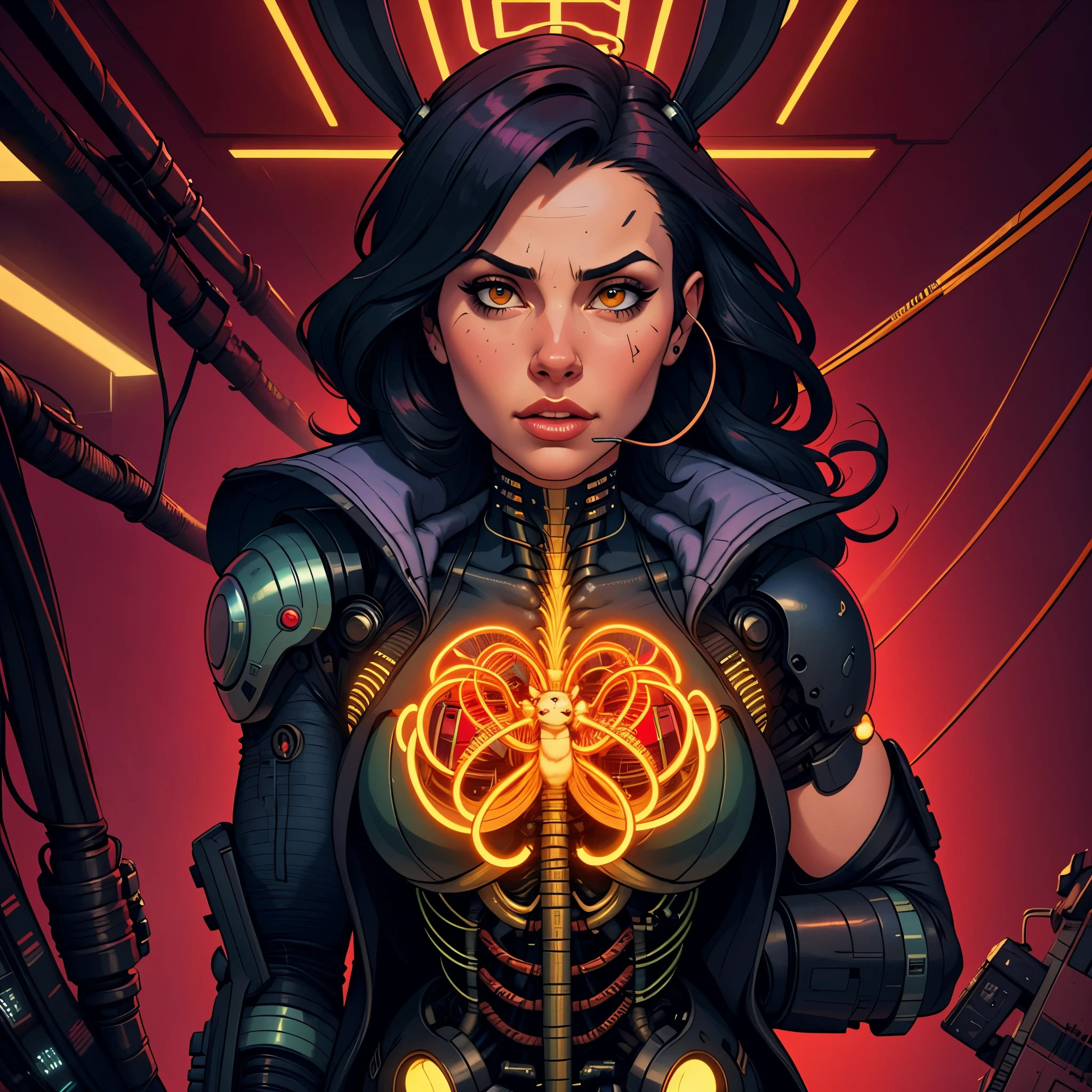 Cyborg feminine hare, kawaii cyborg rabbit, high detailed face, beautiful body, glowing hair, looking at the camera, breeze, neon strings, chaotic wiring/cables, scifi, futuristic, highly detailed, cinematic, cyberpunk, highly detailed and intricate, rich deep colors. sf, raphael, caravaggio, greg rutkowski, beeple, beksinski, red background