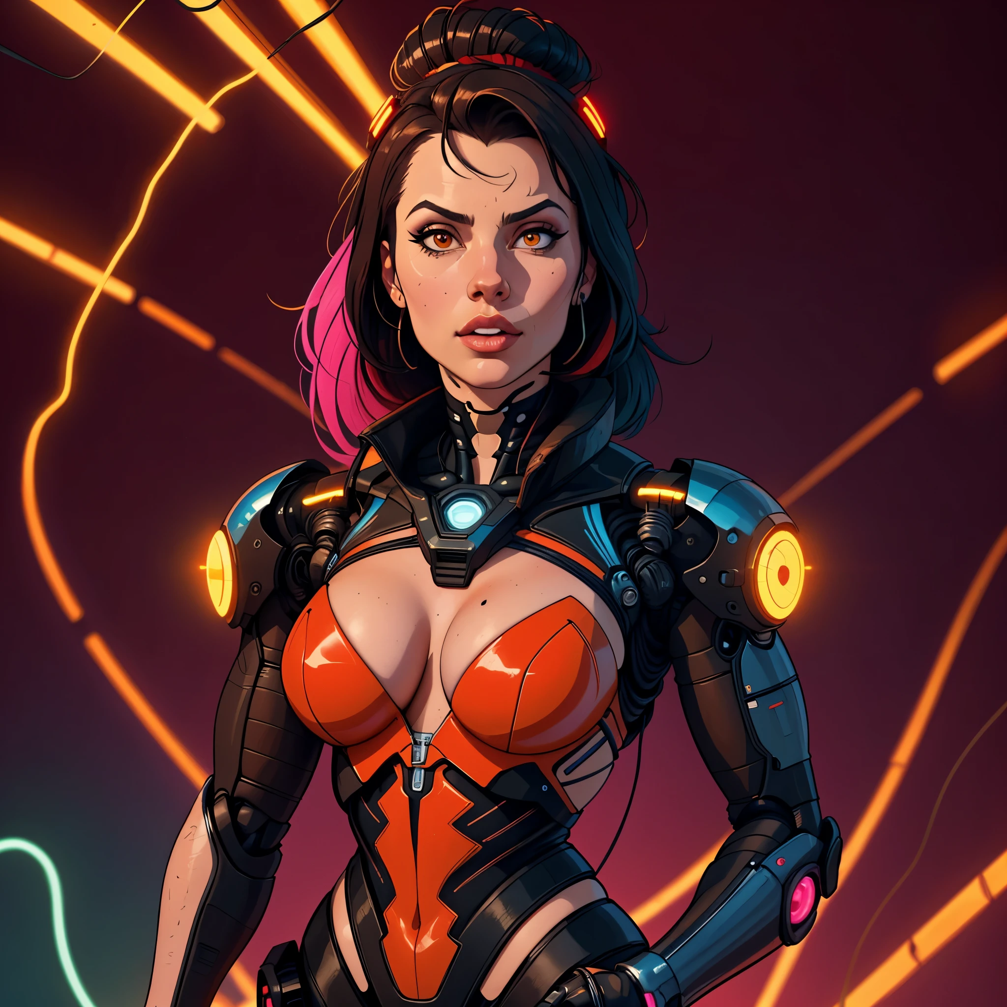 Cyborg feminine hare, kawaii cyborg rabbit, high detailed face, beautiful body, glowing hair, looking at the camera, breeze, neon strings, chaotic wiring/cables, scifi, futuristic, highly detailed, cinematic, cyberpunk, highly detailed and intricate, rich deep colors. sf, raphael, caravaggio, greg rutkowski, beeple, beksinski, red background