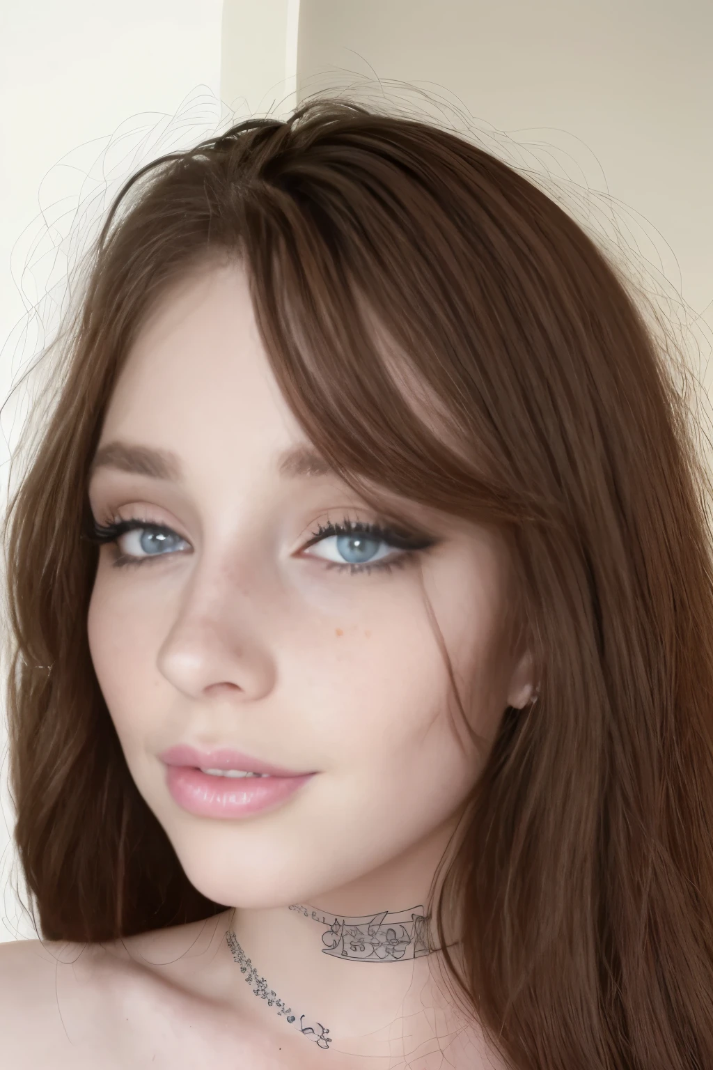 Buetifull girl with pale skin and medium length sized hair, close up of face, androgynous face, nose piercing, small nose with freckles, freckles on the nose, pointy nose, small freckles, small lips pointy nose, perfect detailed face, facial piercings, cute freckles, piercing stare, thin button nose, big eyes, wide lips,