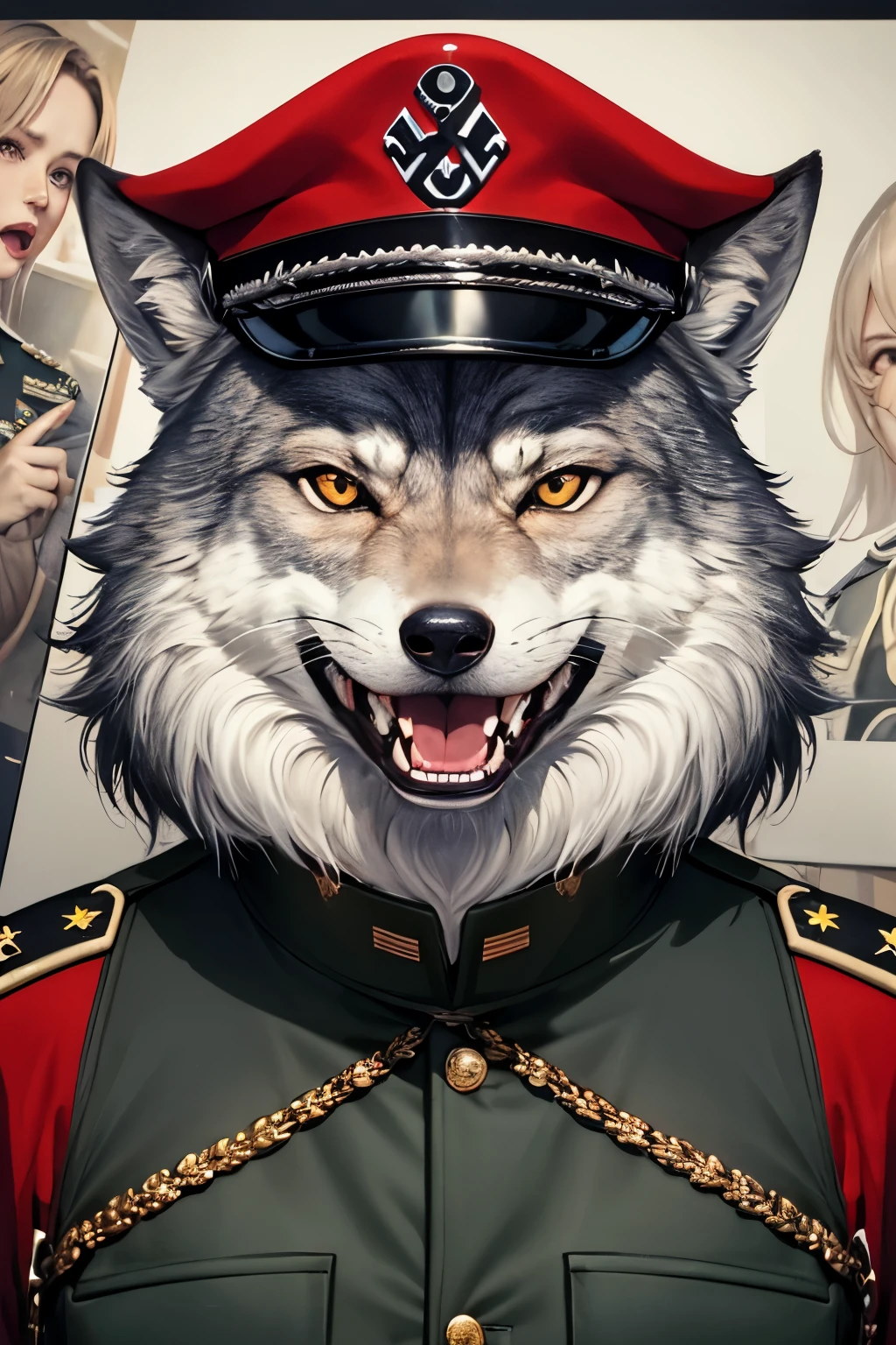 ((best quality)), ((masterpiece)), (detailed), wolf person, perfect face, in front of posters, angry yelling, nazi black military uniform, wearing a nazi military hat, gray, sharp eyes, wolf porn Nazi saying "this better not be AI". Sexy fox girl