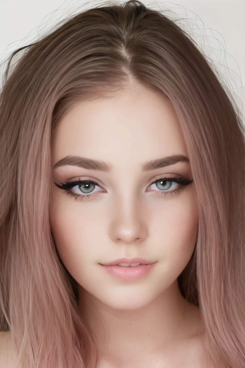 Buetifull girl with pale skin and medium length sized hair, close up of face, androgynous face, nose piercing, small nose with freckles, freckles on the nose, pointy nose, small freckles, small lips pointy nose, perfect detailed face, facial piercings, cute freckles, piercing stare, thin button nose, big eyes, wide lips,