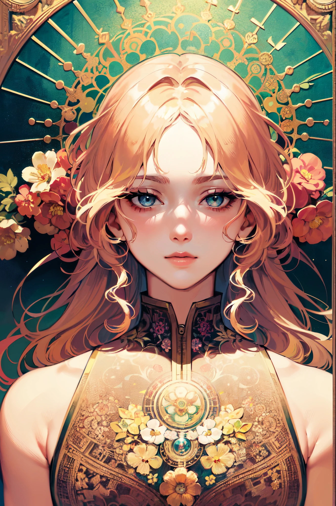 face portrait of a European female , long curly hair, blond, floral frame, Decorative panels, abstract
artistic, by Alphonse Mucha
(Masterpiece, Best Quality, Highres:1.4), Detailed, Intricate Details, 4K, color splashes, line art, fibonacci, seductive, mysterious, curvy, mature