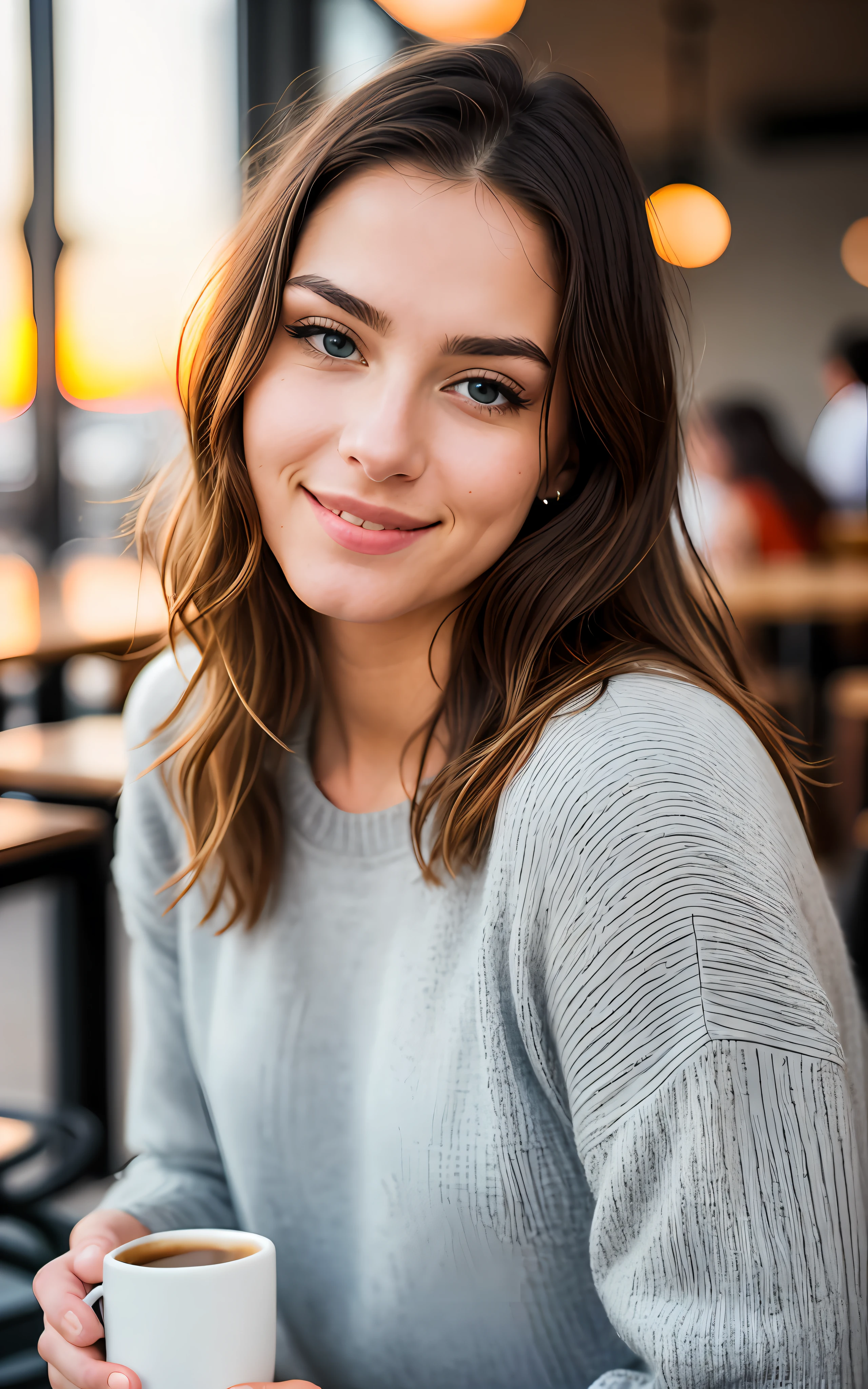 Beautiful blonde wearing a love sweater(Sip coffee in a modern café at sunset), very detailed, 21 ans, visage innocent, natural wavy hair, yeux bleus, high resolution, chef-d&#39;artwork, best quality, intricate details, very detailed, Sharpness, detailed skin, Realistic skin texture, texture, detailed eyes, professionnel, 4k, Sourire charmant, shot with Canon, 85mm, faible profondeur de champ,  couleur de vision kodak, perfectly fitted body, Extremely detailed, Photo_\(Ultra\), photoRealistic, Realistic, Post-traitement, maximum detail, roughness, vrai vie, Ultra Realistic, Photorealism, la photographie, 8k euh, la photographie