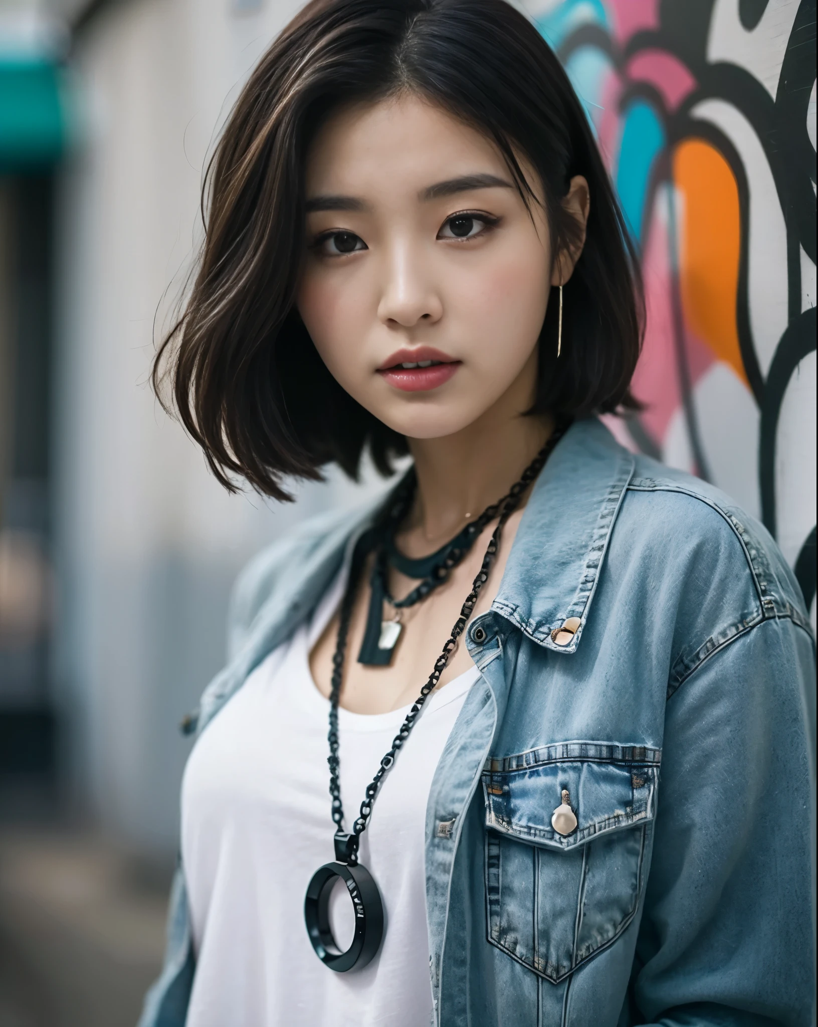 long photo, camera shot from the front, looking at the camera, a beautiful Korean girl standing, in casual clothes, white t-shirt, short jeans, a number of black necklaces, black rings, arms covered in colorful graffiti, white wall background