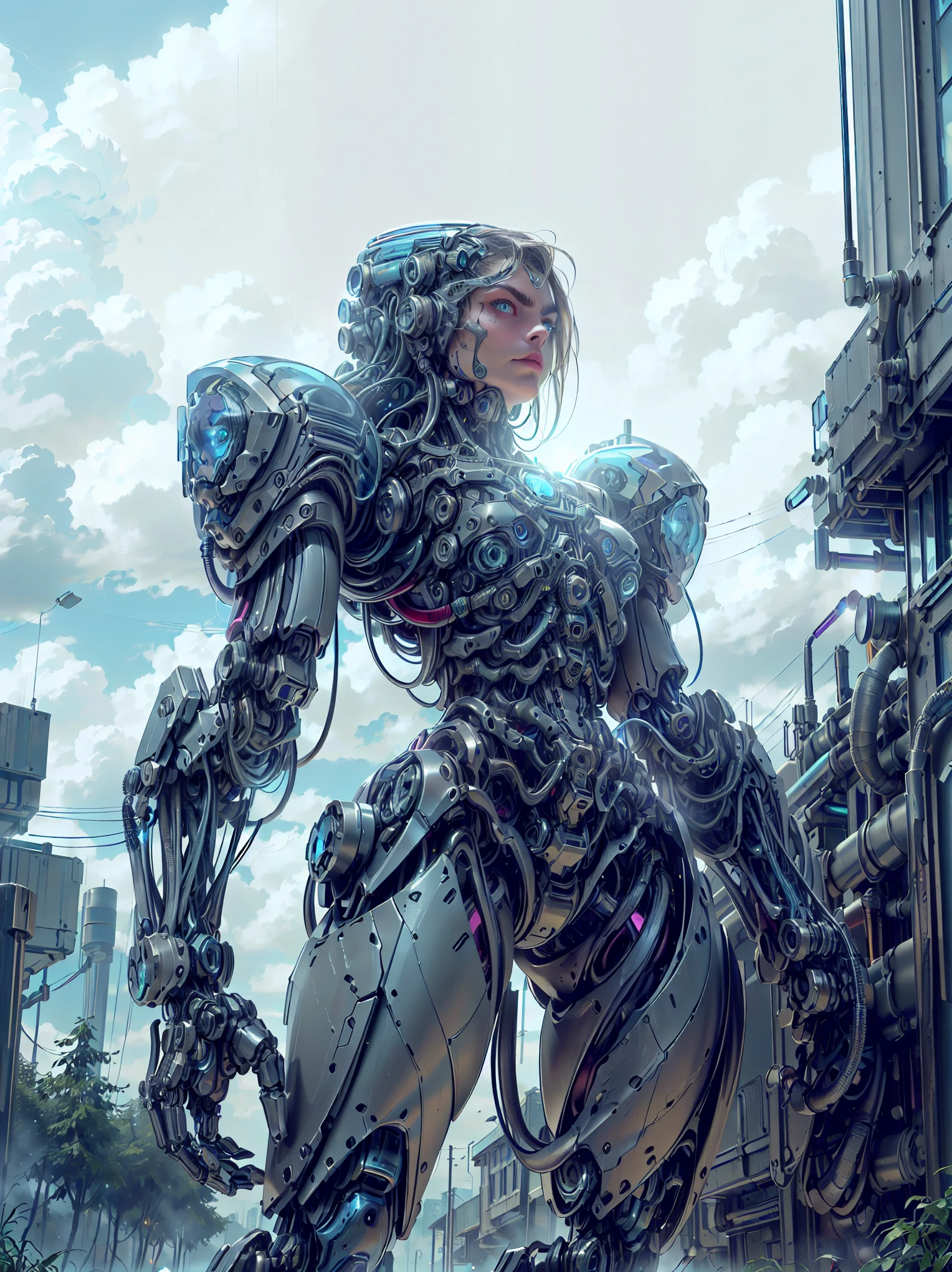 (1 girl), (beautiful borg queen:1.25), (cara delevingne:1.25), (robotic mechanical physique:1.25), (1 super muscular cyborg demoness:1.25), (covered in cables and mechanical muscles:1.25), (android muscular anatomy:1.25), (perfect fingers:1.25),(8k, RAW photo, photorealistic:1.25), sci fi atmosphere, futuristic technopia, alien landscape,