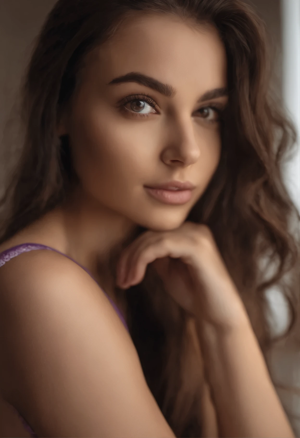 arafed woman with matching tank top and panties, sexy girl with brown eyes, portrait sophie mudd, brown hair and large eyes, selfie of a young woman, bedroom eyes, violet myers, without makeup, natural makeup, looking directly at the camera, face with artgram, subtle makeup, stunning full body shot, in bedroom, cleavage