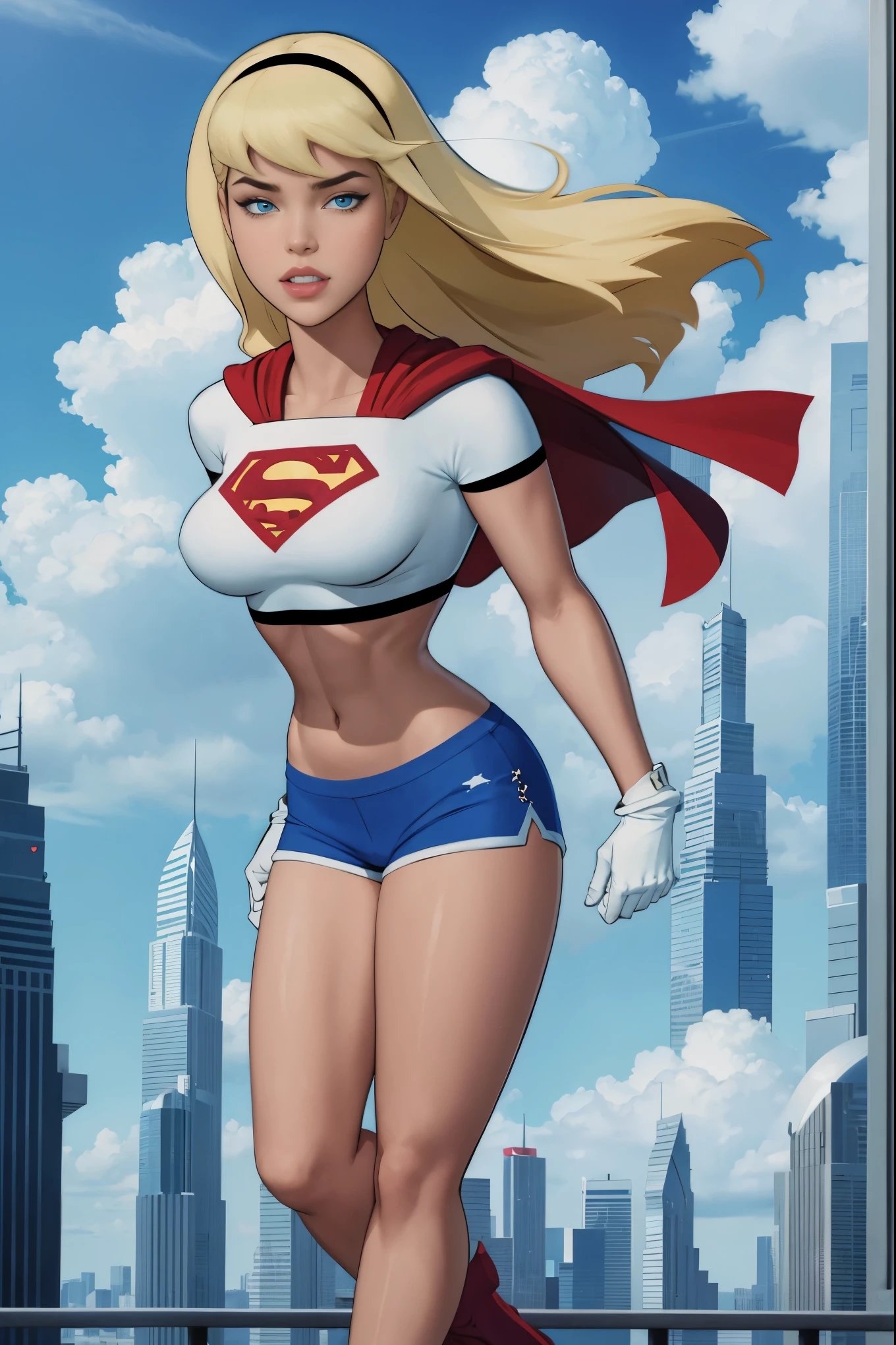 Supergirl,1girl,long blonde hair,hair band,white crop top,dolphin shorts, whitegloves,boots, standing atop a skyscraper in the clouds, large breasts, half shirt showing bottom halves of her breasts