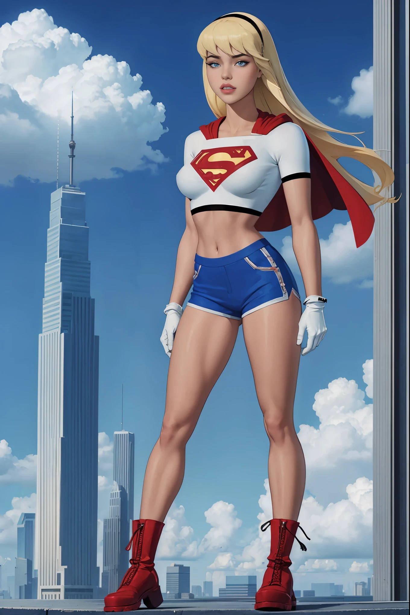 Supergirl,1girl,long blonde hair,hair band,white crop top,dolphin shorts, whitegloves,boots, standing atop a skyscraper in the clouds, large breasts, half shirt showing bottom halves of her breasts