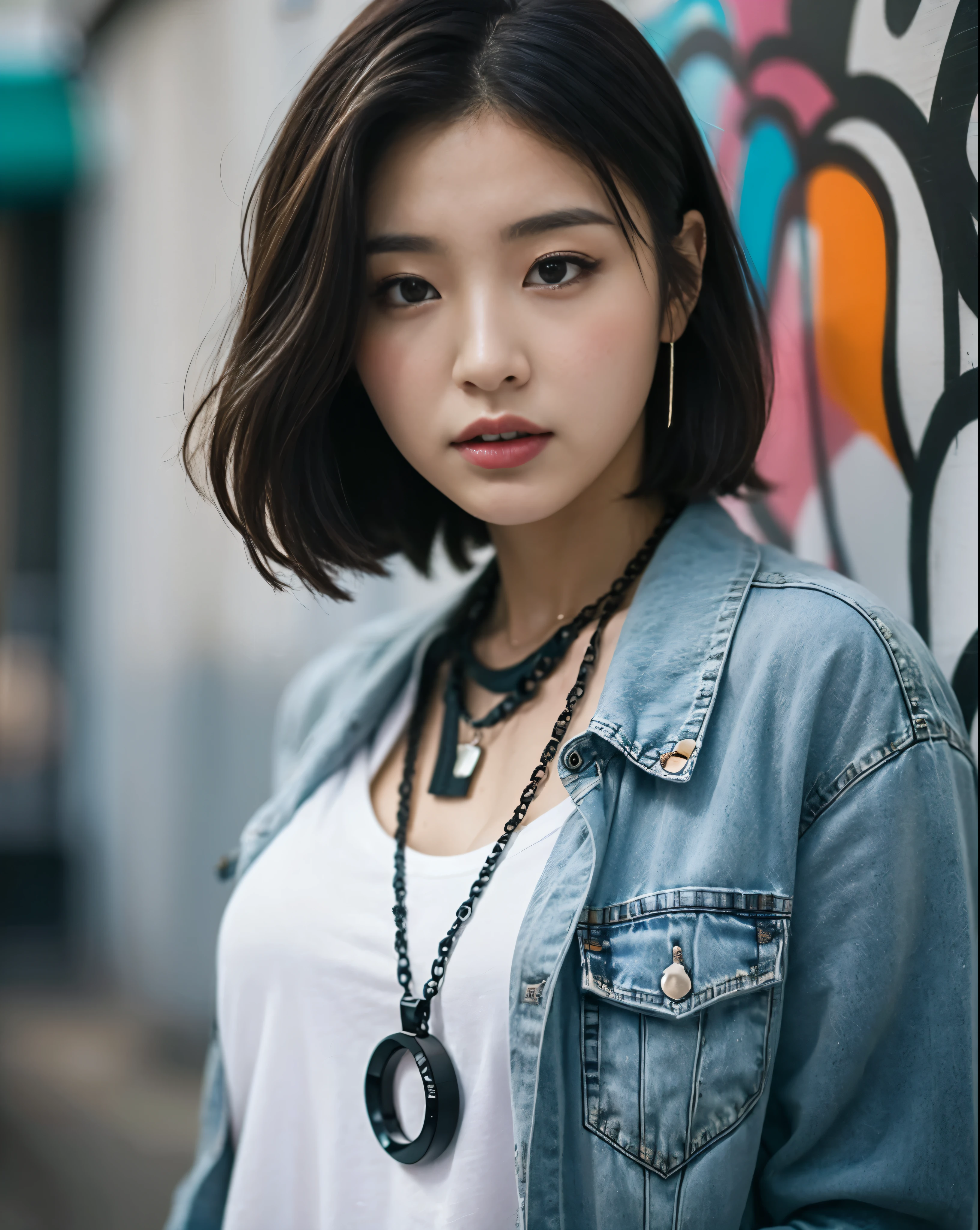 long photo, camera shot from the front, looking at the camera, a beautiful Korean girl standing, in casual clothes, white t-shirt, short jeans, a number of black necklaces, black rings, arms covered in colorful graffiti, white wall background