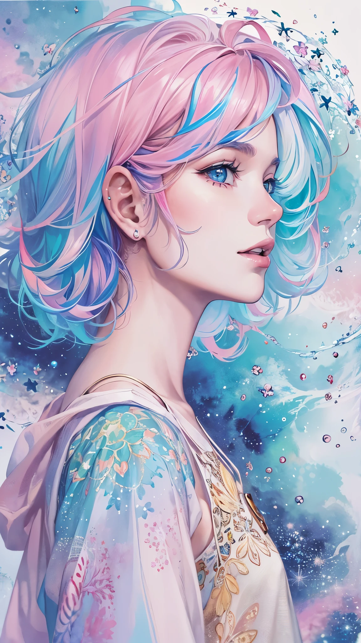 (masterpiece, top quality, best quality,watercolor (medium),official art, beautiful and aesthetic:1.2),(1girl:1.3), (fractal art:1.3),upper body, from side, looking at viewer,patterns,(pastel colour, colorful hair,half blue and half pink hair:1.2),cloud,colorful, starry,stars,