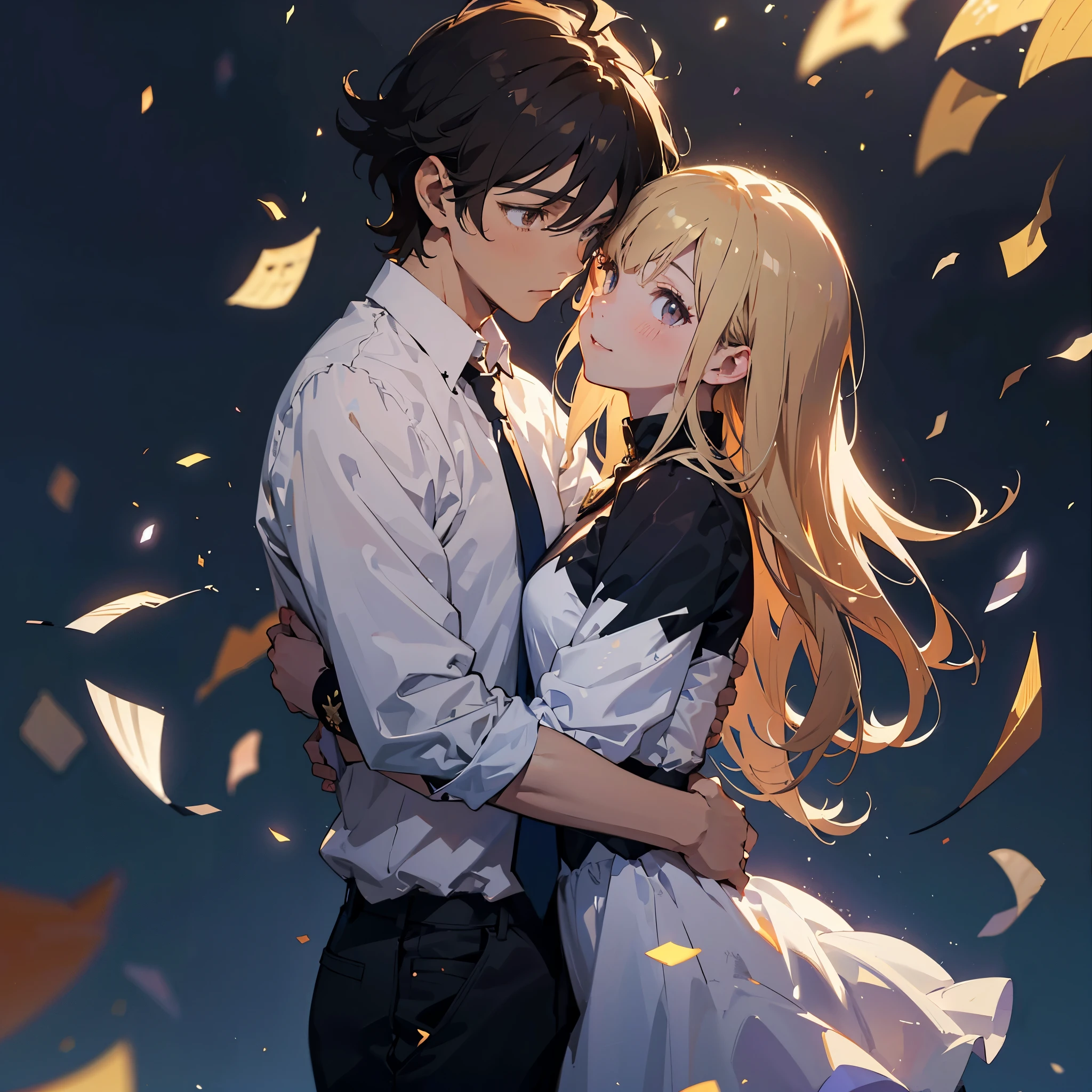 una pareja 1 masculino y 1 femenina. Un hombre alto, de pelo muy corto y negro sin flequillo, y camisa amarilla, about 25 years old, He holds a 25-year-old woman in his arms with medium-long brown hair and a blue blouse., (The background is white 1.5) estilo animado 4 K, Renderizado de anime, estilo animado. 8k, Hermosa cara de anime (Pantalla superior del cuerpo 1.5) (chico guapo 1.3) (Cinematic Light 1.5) estan felices abrazandose y mirando a camara los dos