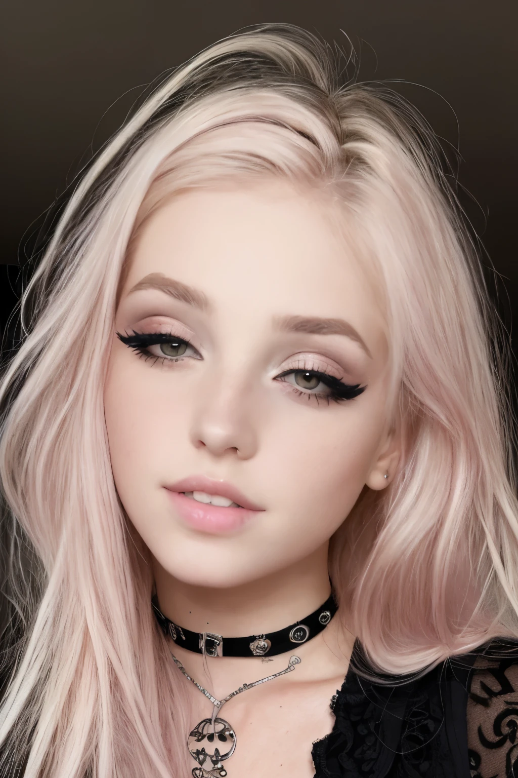 Buetifull girl with pale skin and medium length sized hair, close up of face, androgynous face, nose piercing, small nose with freckles, freckles on the nose, pointy nose, small freckles, small lips pointy nose, perfect detailed face, facial piercings, cute freckles, piercing stare, thin button nose, big eyes, wide lips, alt girl, grunge girl, wearing egirl makeup emo, wide lips,