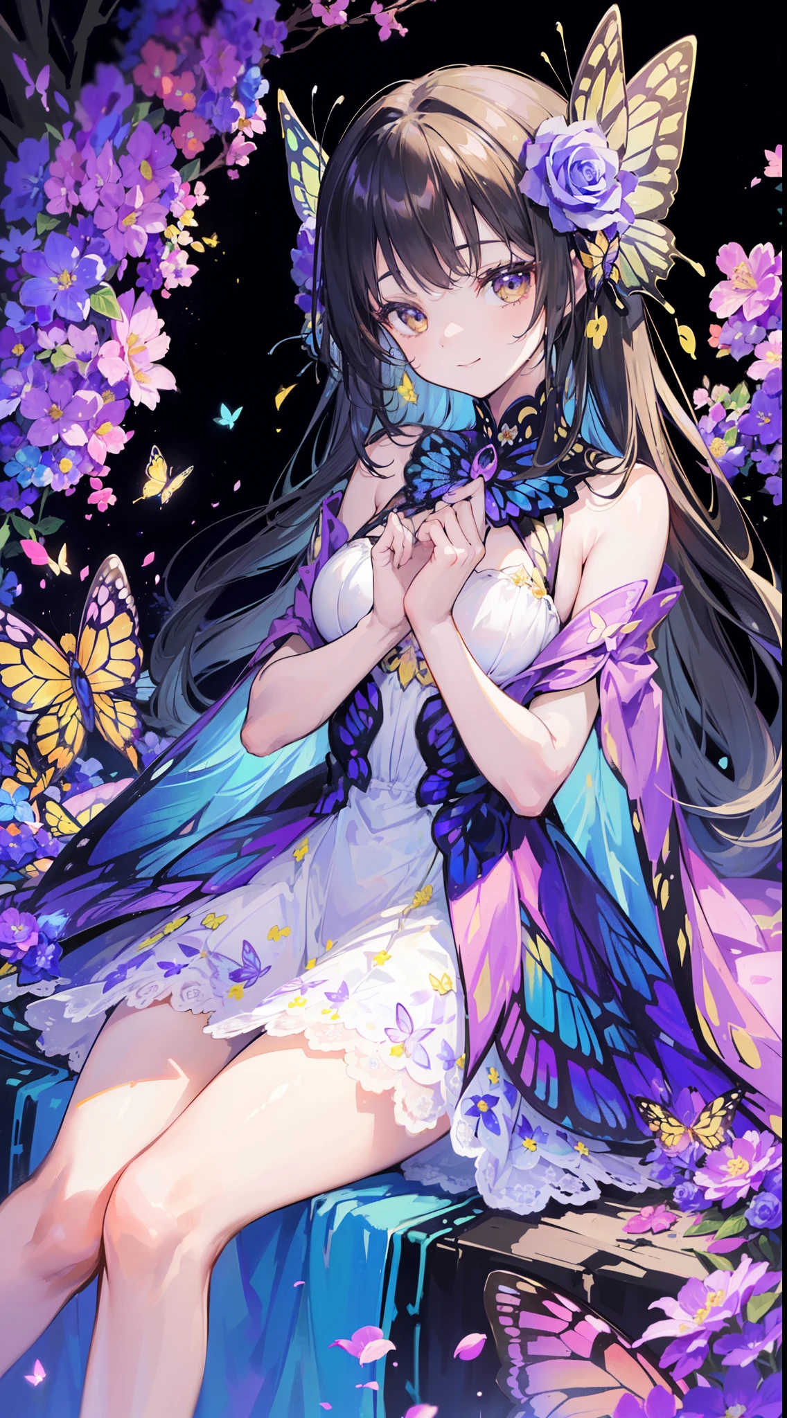 (32k), (beautiful cute girl), (butterfly ornament), (butterfly dress), ((many butterflies)), (((background of many flowers
))), (((bright background))), (beautiful world), (cute world), smile, (32k), (beautiful cute girl), (butterfly ornament), (butterfly dress), ((many butterflies)), (((background of many flowers
))), (((bright background))), (beautiful world), (cute world), smile, 