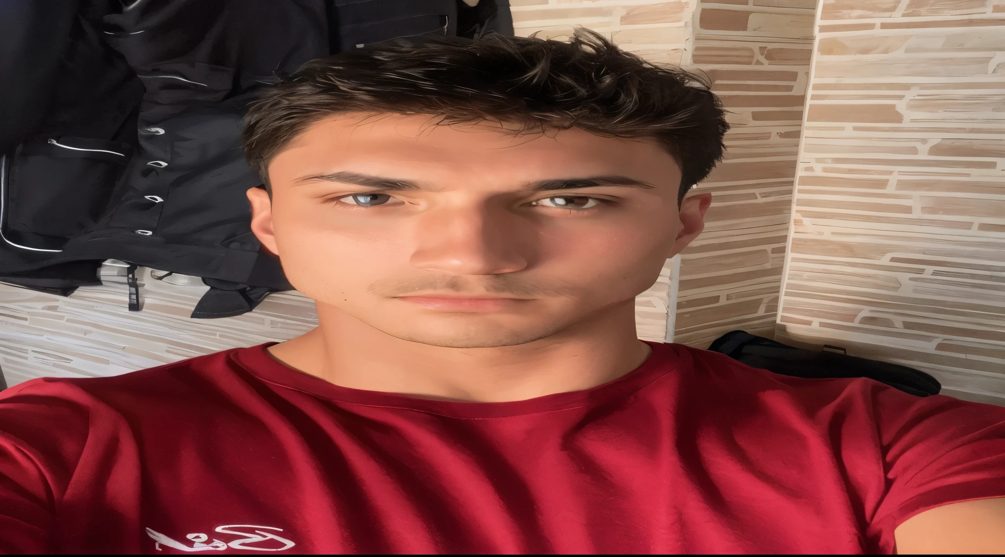 (best quality,4k,8k,highres,masterpiece:1.2),ultra-detailed,(realistic,photorealistic,photo-realistic:1.37),red-shirted man taking selfie with cellphone, around 19 years old, aykut aydogdu, I agree with you, profile picture with photo on the head, profile image,portraits,vivid colors,warm tones,stunning lighting,selfie stick