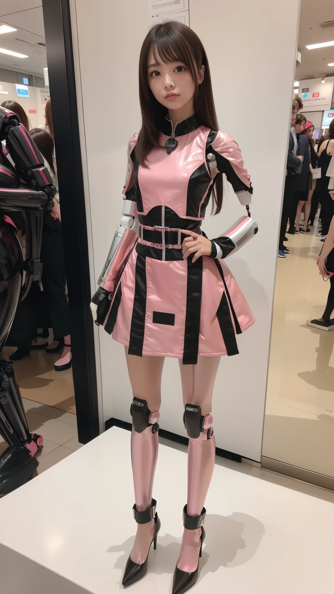 Robot Girl, pink there, Silver, Metallic body, Robot Parts, Metal Parts, Super Detailed Face, Super well-formed face, of the highest quality, a small face, a small head, Brown hair, Slender body, Camera gaze, Internal Mechanical Exposure, Idol, front facing, Well-proportioned body, sale, Exhibited, Event Hall, Moe Pose, pink metallic Lolita dress machine armor, Standing with legs open, Model body type, sad, Embarrassing,(Perfect Robot Girl),(Perfect machine body)