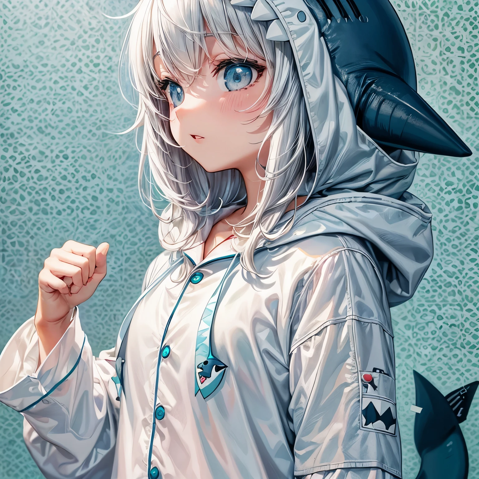 Chibi, Nendoroid, ((worst quality, low quality)), ((Close-up), profile,1.5 facing left), (10 year old girl), white hair, (Fluffy shark costume pajamas:1.4), (Open pajamas:1.2), (Pale light blue pajamas:1.4), Animal Hoodie, (hood up:1.under the hoodie, oversized hoodie, five fingers, perfect hands, bedroom background, best quality,Super detailed, masterpiece,