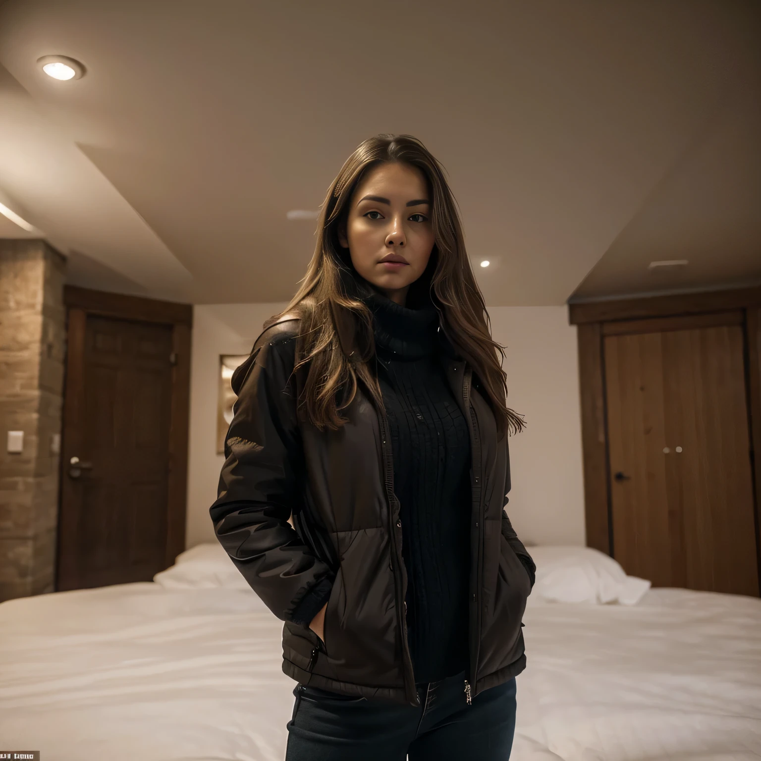 Full-Body Shot!! editorial photo of a 30-year woman, dark blonde hair, brown eyes!!!, in a black winter warm down jacket, calm, looking away from the camera,Ultra-Wide Angle, highest quality, detailed, realistic, photorealistic, detailed and intricate, instagram, portrait, smooth, cozy