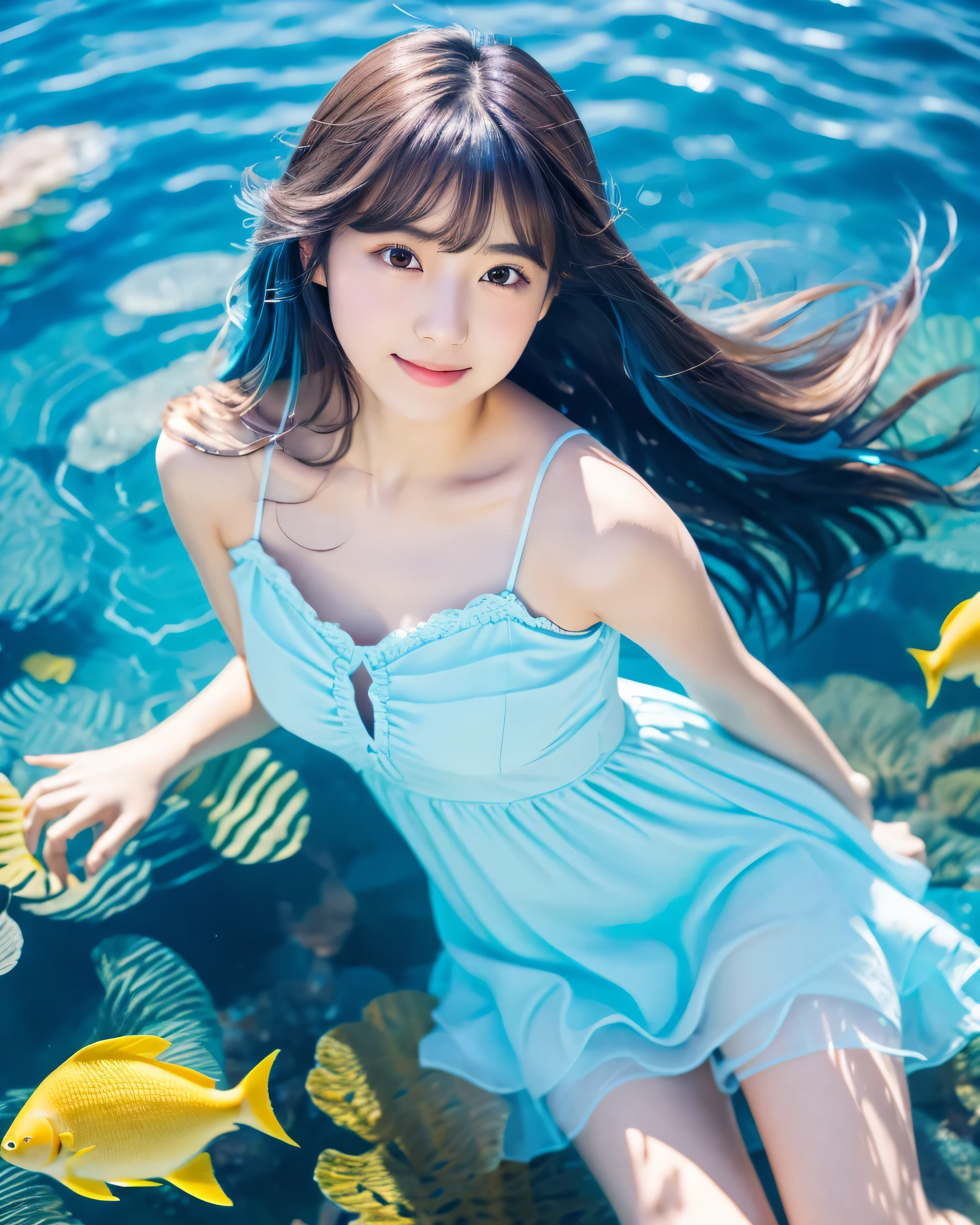 "Draw a beautiful beautiful woman swimming in crystal clear water. She moves freely in the water, swimming gracefully, feeling the power of the water.
The water is highly transparent and the sun's rays sparkle and reflect. There are underwater plants and fish around the beauty, and the colorful marine ecosystem envelops her. In the water, the influence of gravity is less, and her movements are graceful and light.
The figure of a beauty may be floating in the water. Her hair is flowing wet and fluttering like a curtain of clear water. Her expression is calm and she seems to enjoy a free presence in the water.
This prompt is for depicting the figure of a beautiful beauty swimming in the water. Visually express her grace and freedom of movement, the transparency of water or the reflection of light. By depicting her facial expressions, the flow of her hair, and her harmony with the underwater ecosystem, create scenes that enhance the charm and beauty of the water."