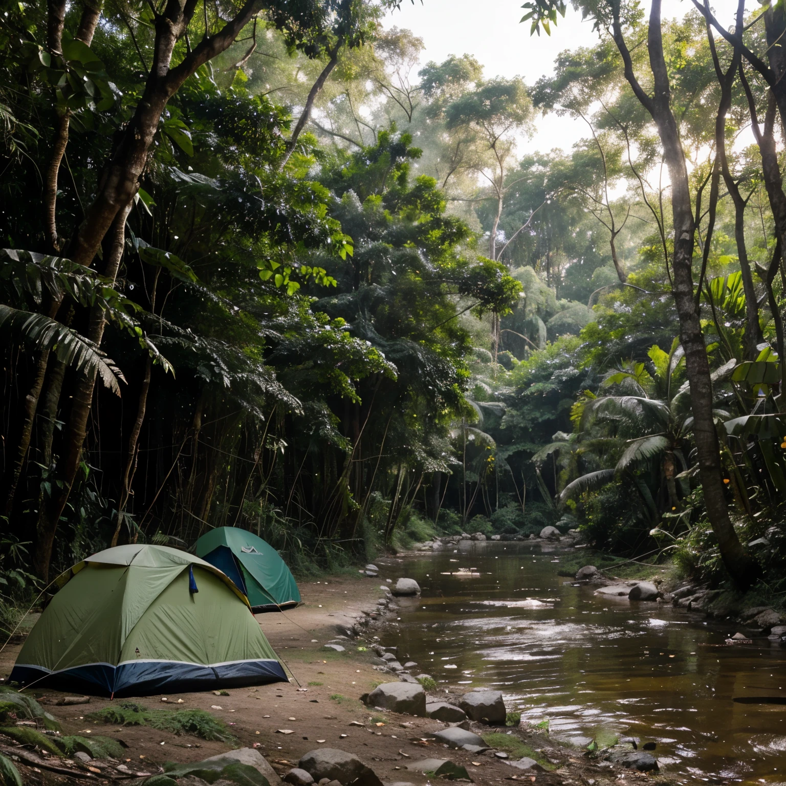 Bush Camping beside a river in an Indian village in a jungle greenery forest ,bushy