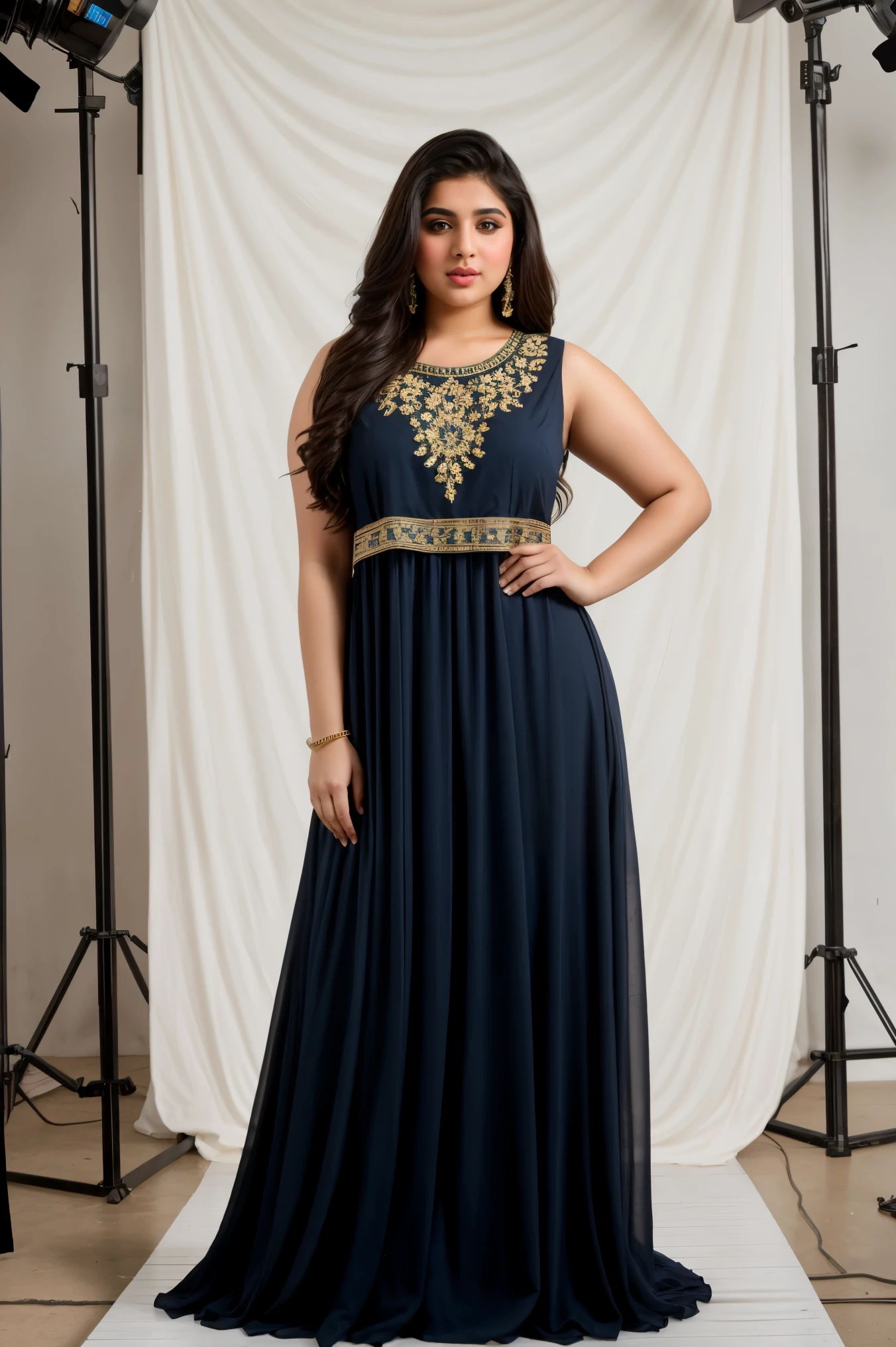 Create a Pakistani 24 year girl, hourglass body, sm8l8ng face, white pale skin, most beautiful cute attractive face, wearing dark blue long dress, attractive curvy body standing in a modling pose, white studio background, 50mm Flash Photography, Ultradetailed, hyperrealism, 4k Hd.