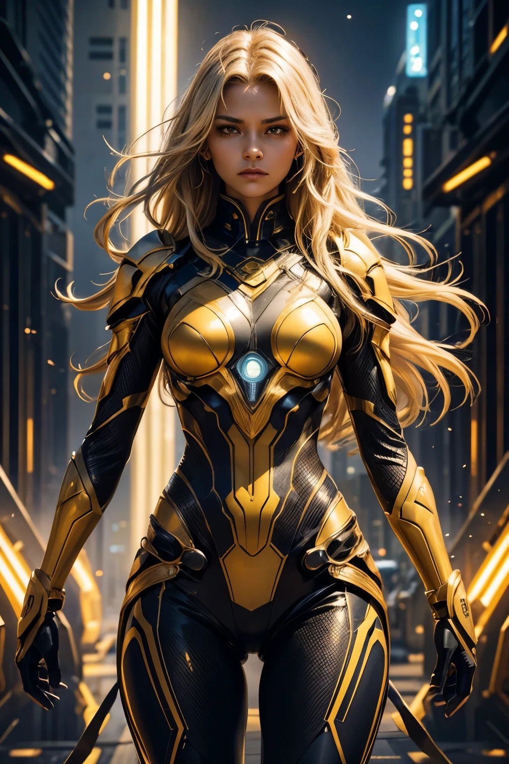 In the heart of a cutting-edge, technologically advanced battlefield, a powerful African girl warrior with slanted eyes assumes a commanding stance. Her sleek futuristic armor, meticulously crafted with intricate designs, radiant shine and yellow lights, hugs her toned body. The suit's polished surface beautifully reflects the vibrant, pulsating lights of her high-tech environment. With her yellow wavy hair cascading down her back, framing her strong, chiseled features, she exudes an undeniable aura of determination and strength. Her determined expression, intensified by her fierce gaze, reveals her unwavering resolve to protect and defend against any potential threat in this advanced, intricately detailed. She is beautiful, has a cute face. Her skin tone is brown.