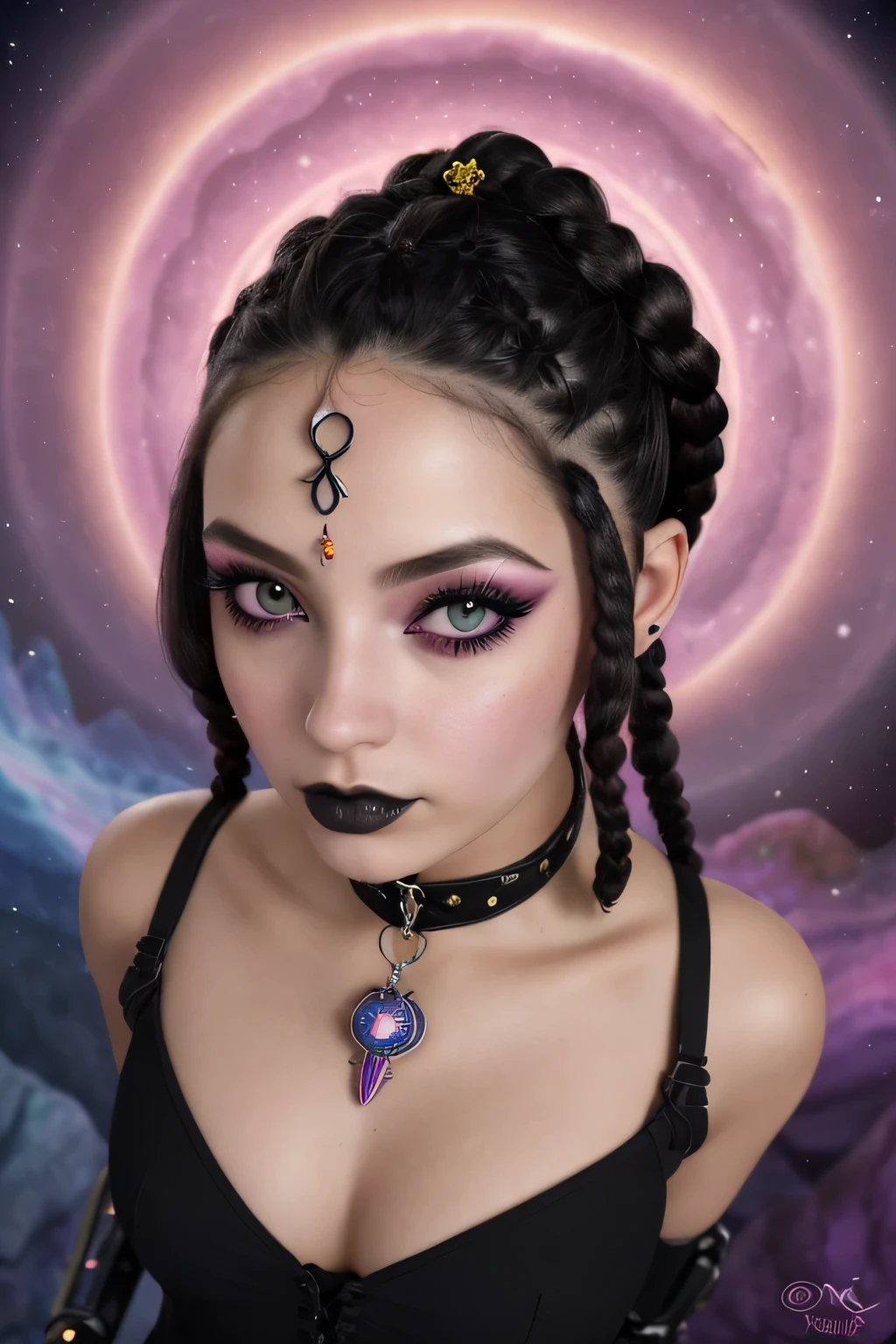 submissive and orgasmic, symbiotic black eyes, (pink dream world aesthetic), (astral realm aesthetic 3d background), (dream color contrast), ((exposed viejas hipercadenas)), (Snowpunk), (gothic snowboarder babe), ((cannabispunk)), ((THC aesthetics)), cannagótico, ((gothic aesthetic)), (mujer hiperhermosa), belleza exagerada, Punto de vista desde arriba, mirando al espectador, (aesthetically designed cybernetic human woman), ((POV from above of a lonely 21 year old woman)), viejas hipercadenas, glowing bionic eyes, bionic third eye on the forehead, psychic, astral projection, maquina espiritual, peinados emos, Magic forest landscape, cronomante(una mujer), un mago manipulador del tiempo, Diosa de las galaxias, Vista de tres lados, High Definition, Obra maestra, anatomically correct, piel texturizada, super detail, alta calidad, high resolution, 16k, Black hair with cyber braids..!!, long eyelashes