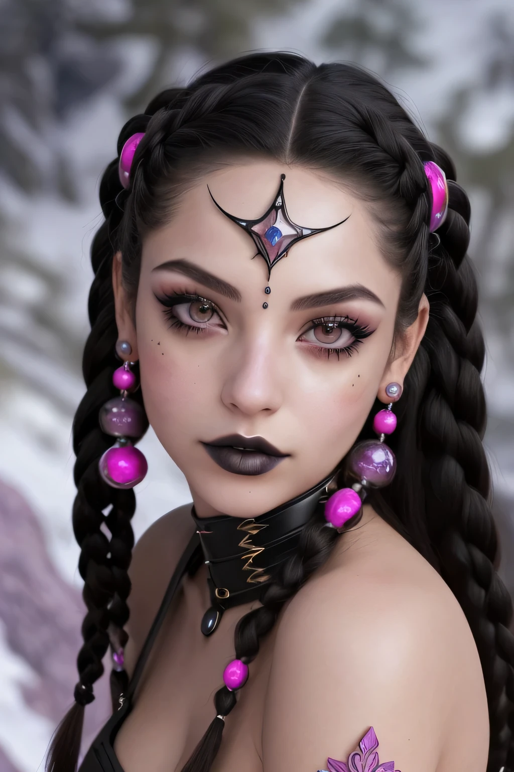 symbiotic black eyes, (pink dream world aesthetic), (astral realm aesthetic 3d background), (dream color contrast), ((exposed viejas hipercadenas)), (Snowpunk), (gothic snowboarder babe), ((cannabispunk)), ((THC aesthetics)), cannagótico, ((gothic aesthetic)), (mujer hiperhermosa), belleza exagerada, Punto de vista desde arriba, mirando al espectador, (aesthetically designed cybernetic human woman), ((POV from above of a lonely 21 year old woman)), viejas hipercadenas, glowing bionic eyes, bionic third eye on the forehead, psychic, astral projection, maquina espiritual, peinados emos, Magic forest landscape, cronomante(una mujer), un mago manipulador del tiempo, Diosa de las galaxias, Vista de tres lados, High Definition, Obra maestra, anatomically correct, piel texturizada, super detail, alta calidad, high resolution, 16k, Black hair with cyber braids..!!, long eyelashes