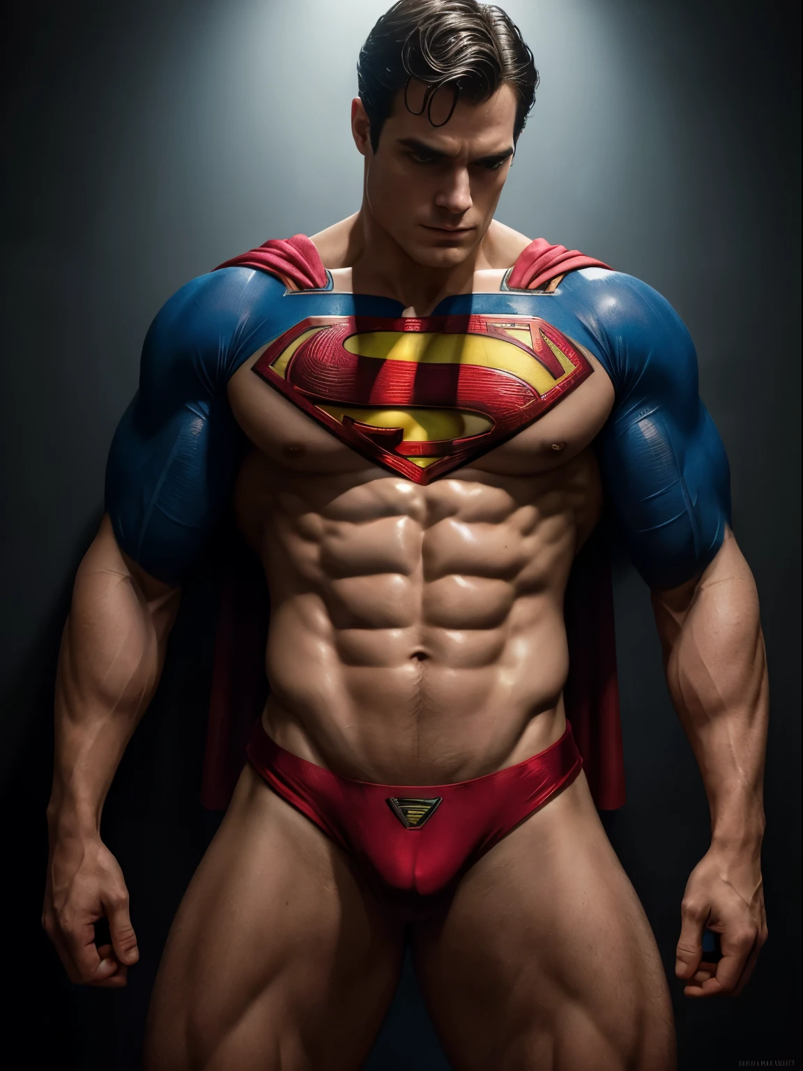 Henry Cavill as Superman ((Best Quality, 8K, ultra-detailed, Masterpiece: 1.3)), 1boy, shiny skin, sharp, Perfect Body Beauty, realistic shaded perfect body, The image is primarily composed of white, black, and royal blue colors. The artwork is created with abstract shapes and lines, resembling brush strokes. It has a poster art feel to it. The main focus of the scene is superman muscular body. Wearing only small micro thong, The lighting and shadows play a crucial role in enhancing the mood of the artwork. The style of the image is influenced by the works of Malcolm Liepke, known for his dynamic and expressive paintings. Depict the model partially concealed by a sheer fabric or drapery, leaving much to the viewer's imagination. Use subtle details to hint at hidden desires. symbolic elements that convey a deeper meaning or narrative